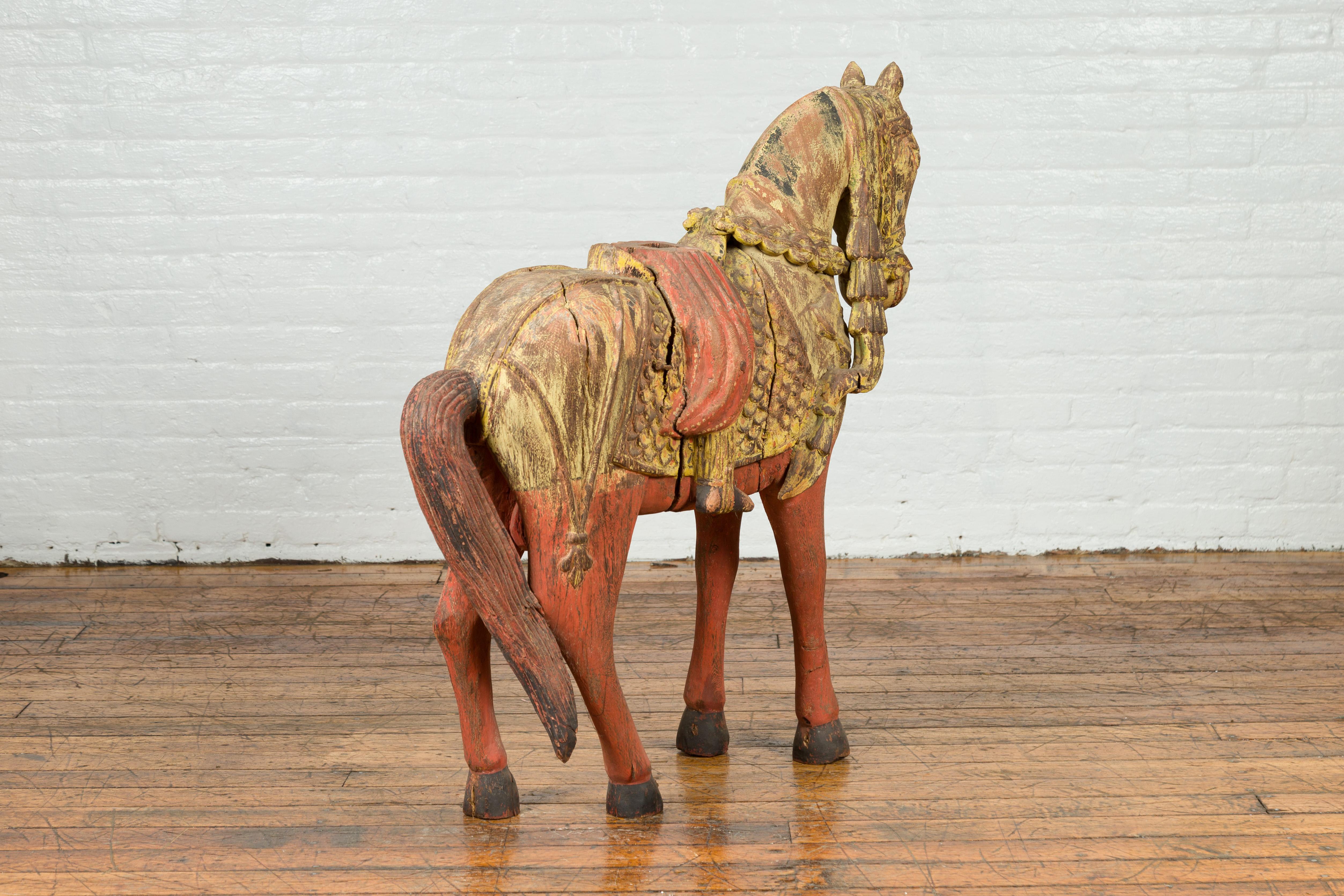 Vintage Indian Carved Wooden Horse from Madras with Yellow and Red Patina For Sale 2