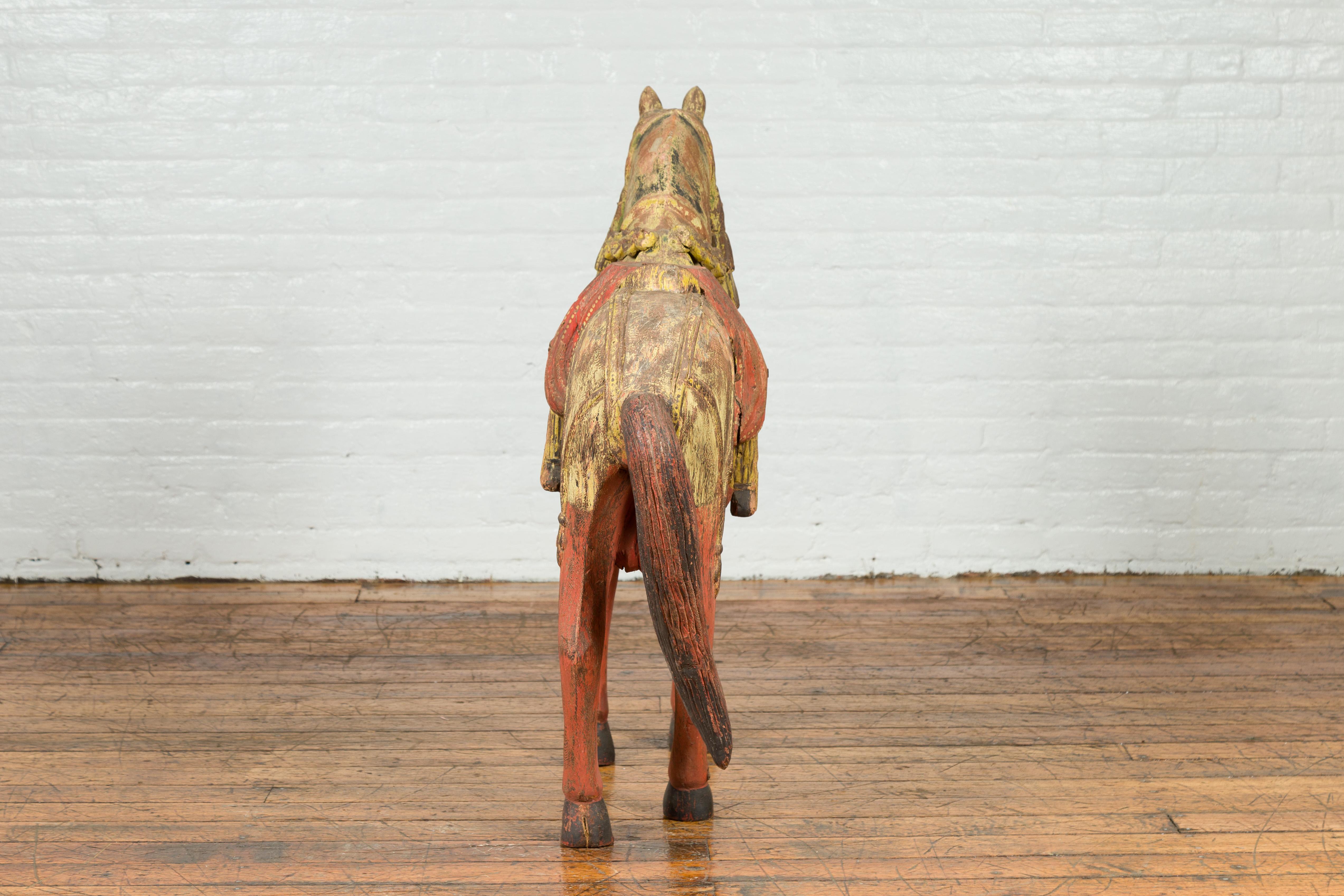 Vintage Indian Carved Wooden Horse from Madras with Yellow and Red Patina For Sale 3