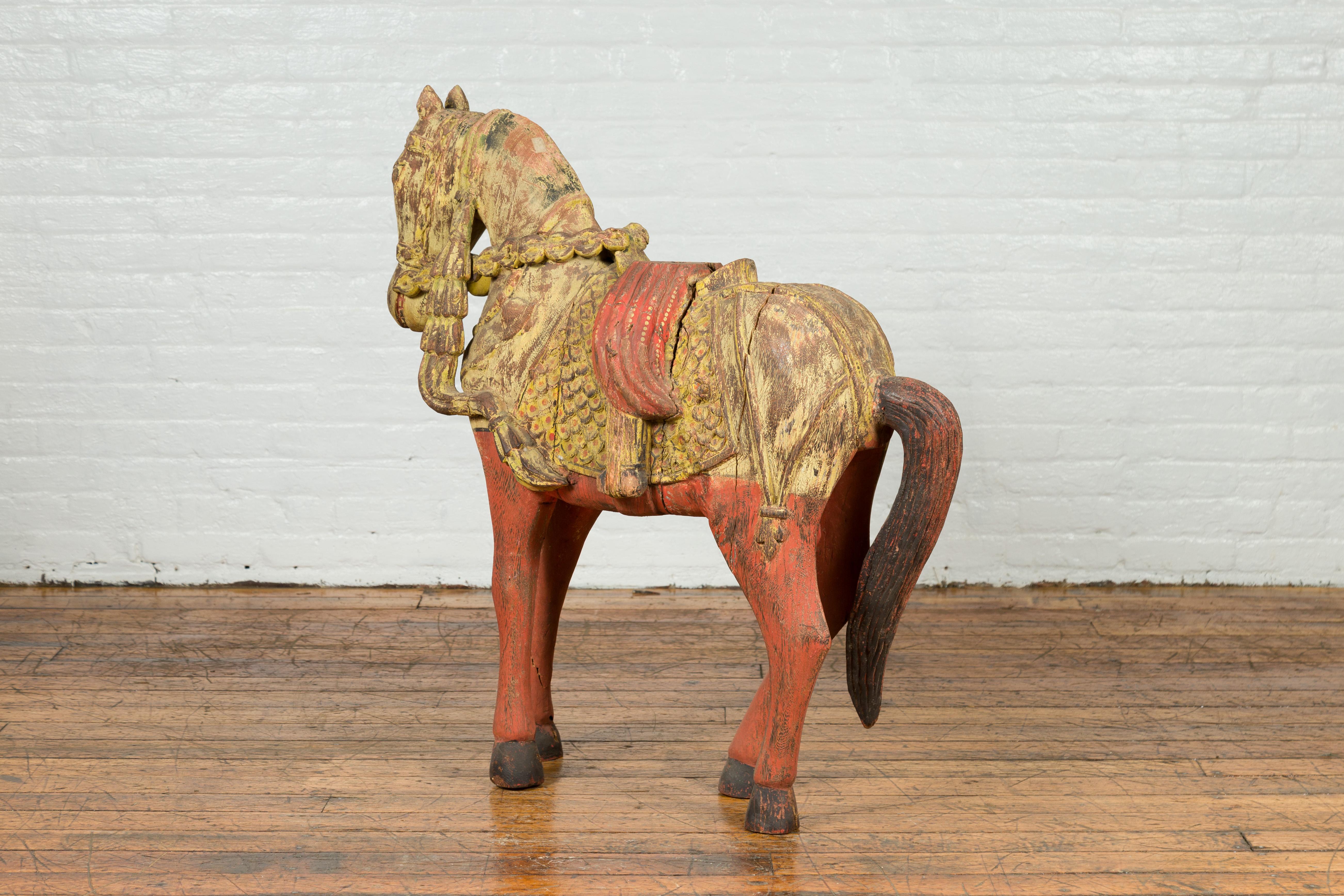 Vintage Indian Carved Wooden Horse from Madras with Yellow and Red Patina For Sale 4