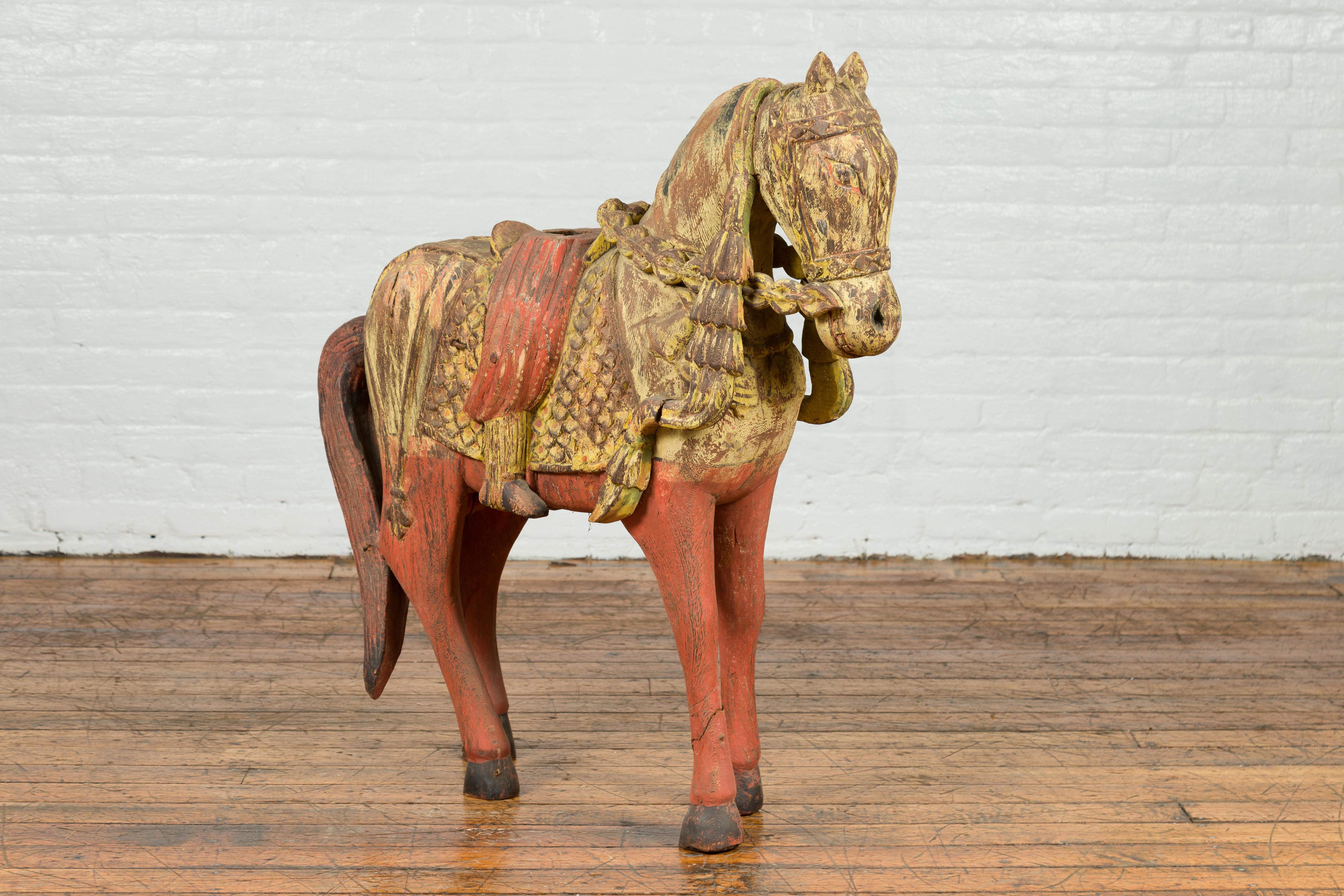 20th Century Vintage Indian Carved Wooden Horse from Madras with Yellow and Red Patina For Sale