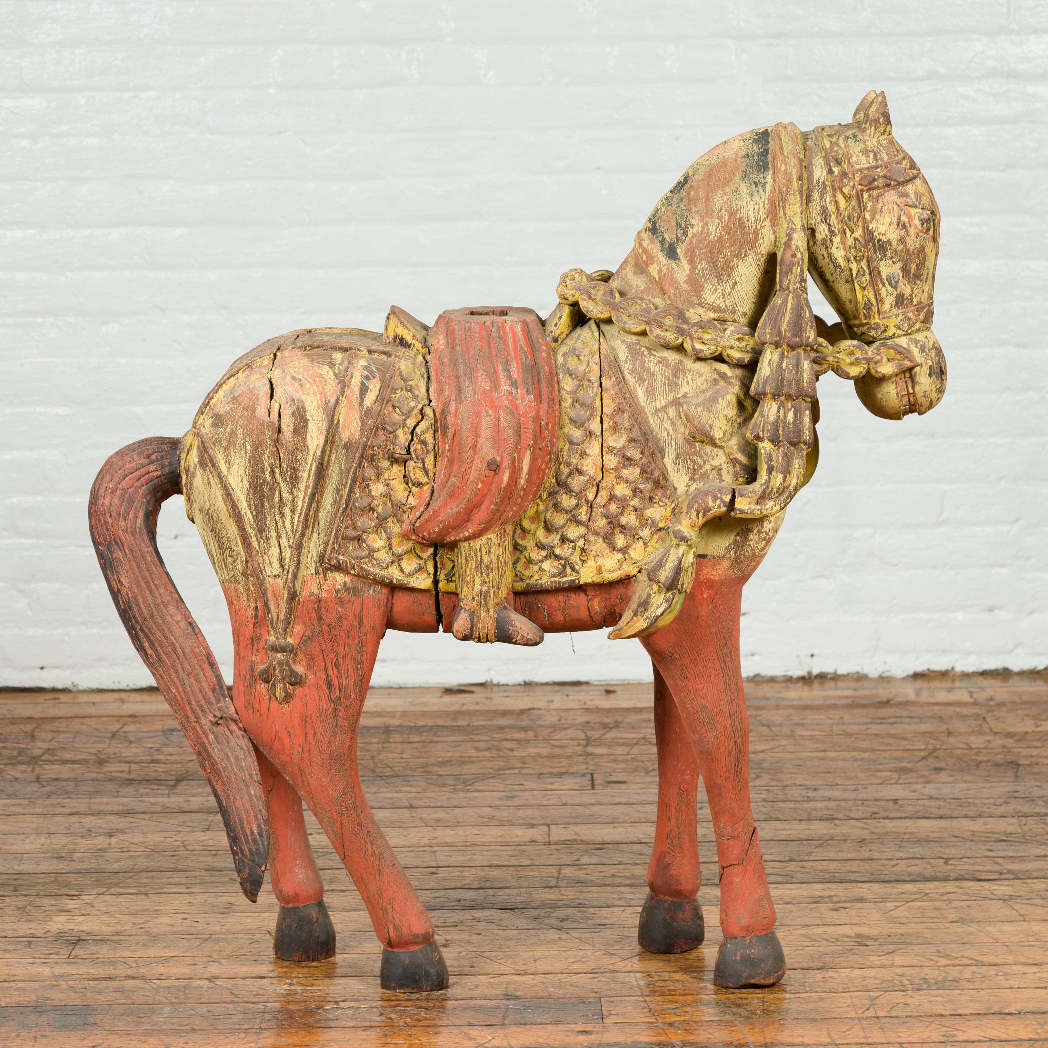 Vintage Indian Carved Wooden Horse from Madras with Yellow and Red Patina For Sale 1