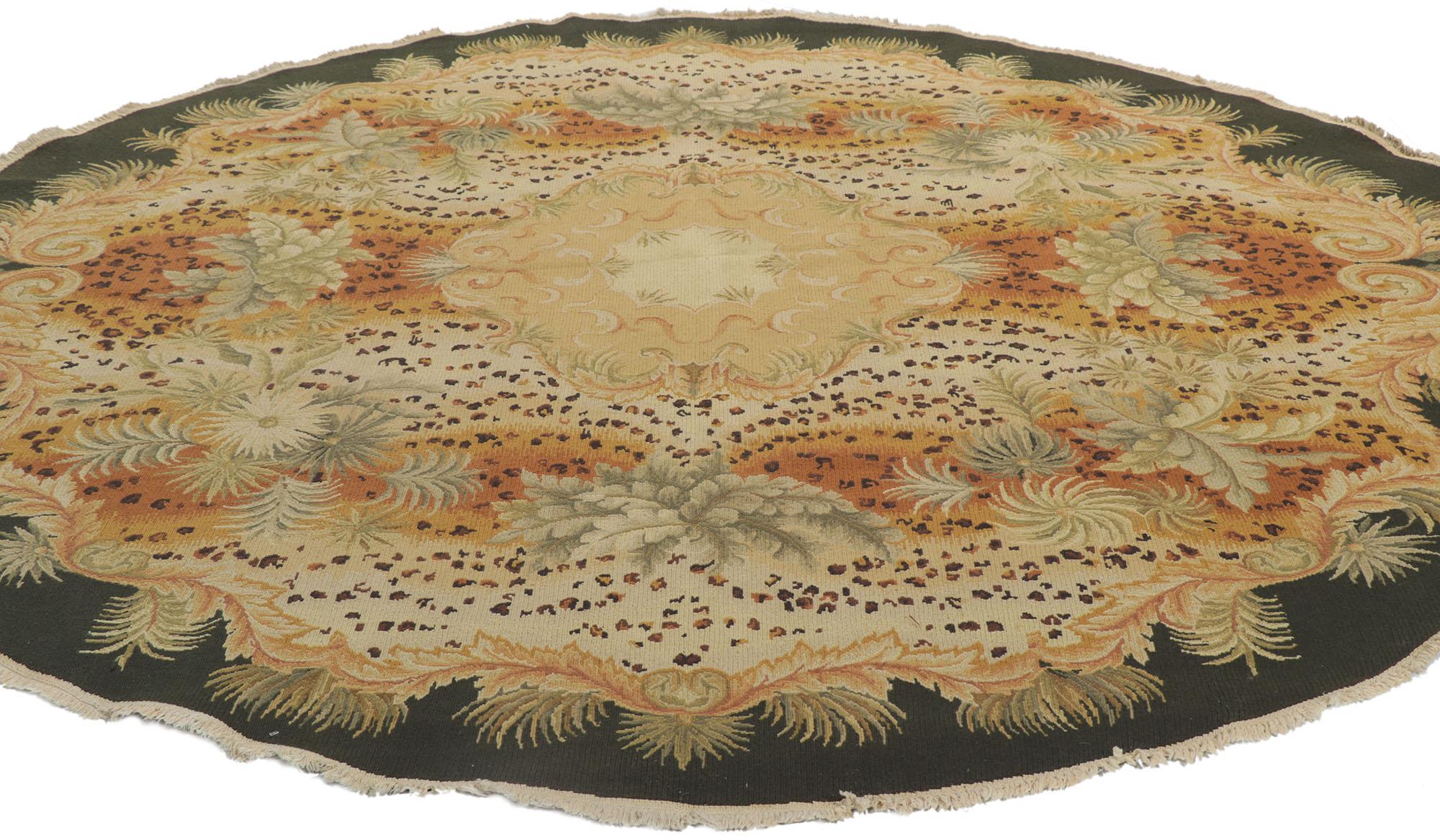 78164 Vintage Indian chain stitch round area rug, 08'00 x 08'03. Reminiscences of an exotic journey and worldly sophistication, this vintage chainstitch rug is a captivating vision of woven beauty. The abrashed field features a central medallion