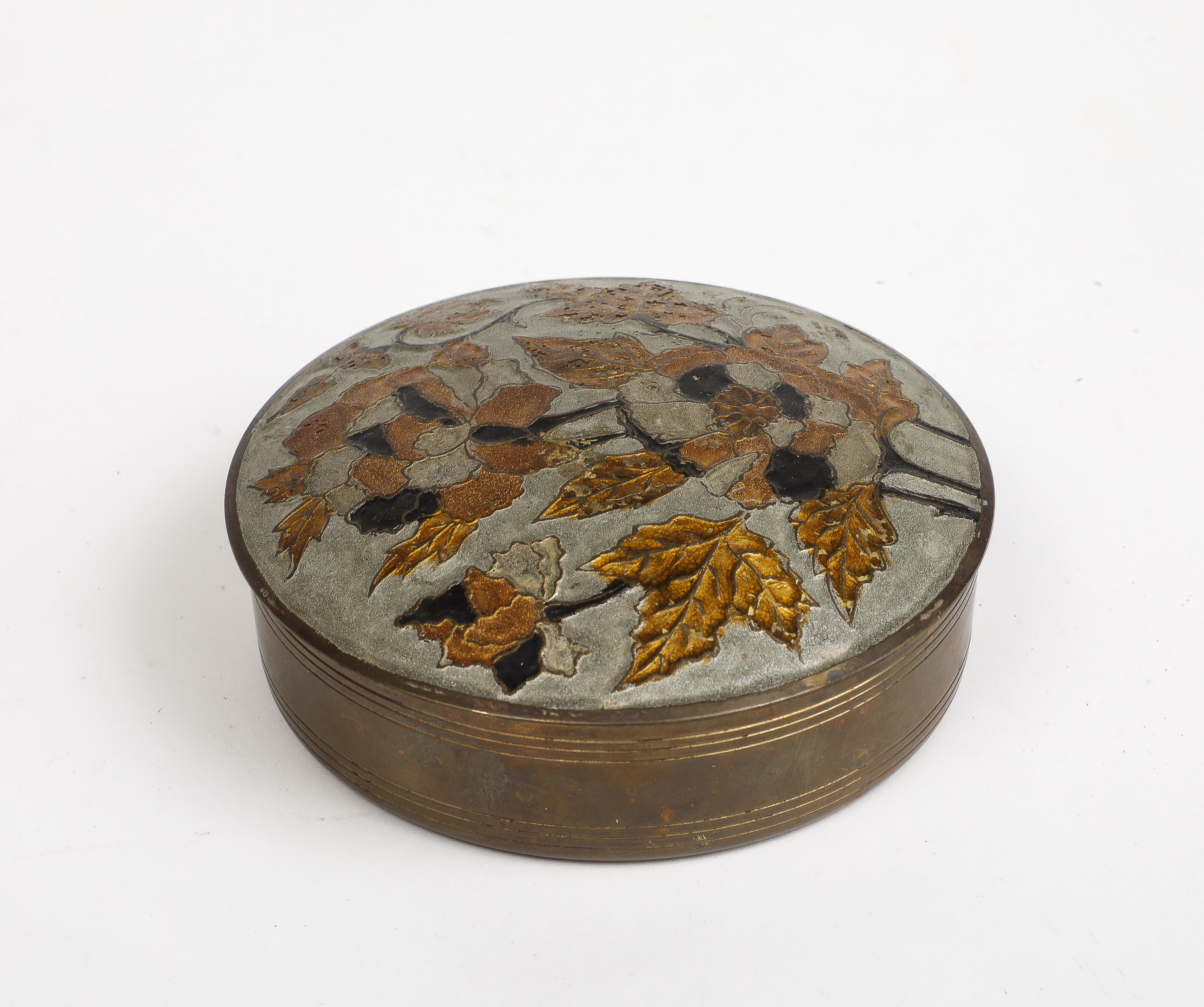 Anglo-Indian Vintage Indian Cloisonné Round Brass Trinket Box For Sale