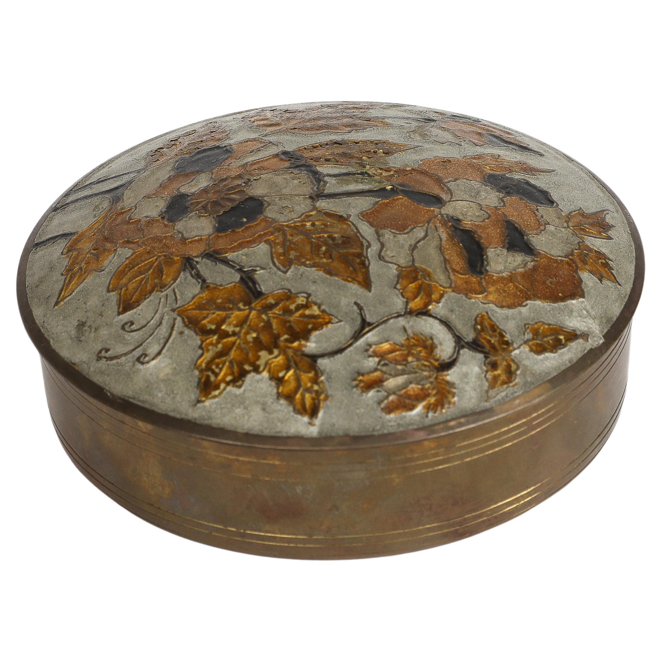 Vintage Indian Cloisonné Round Brass Trinket Box For Sale
