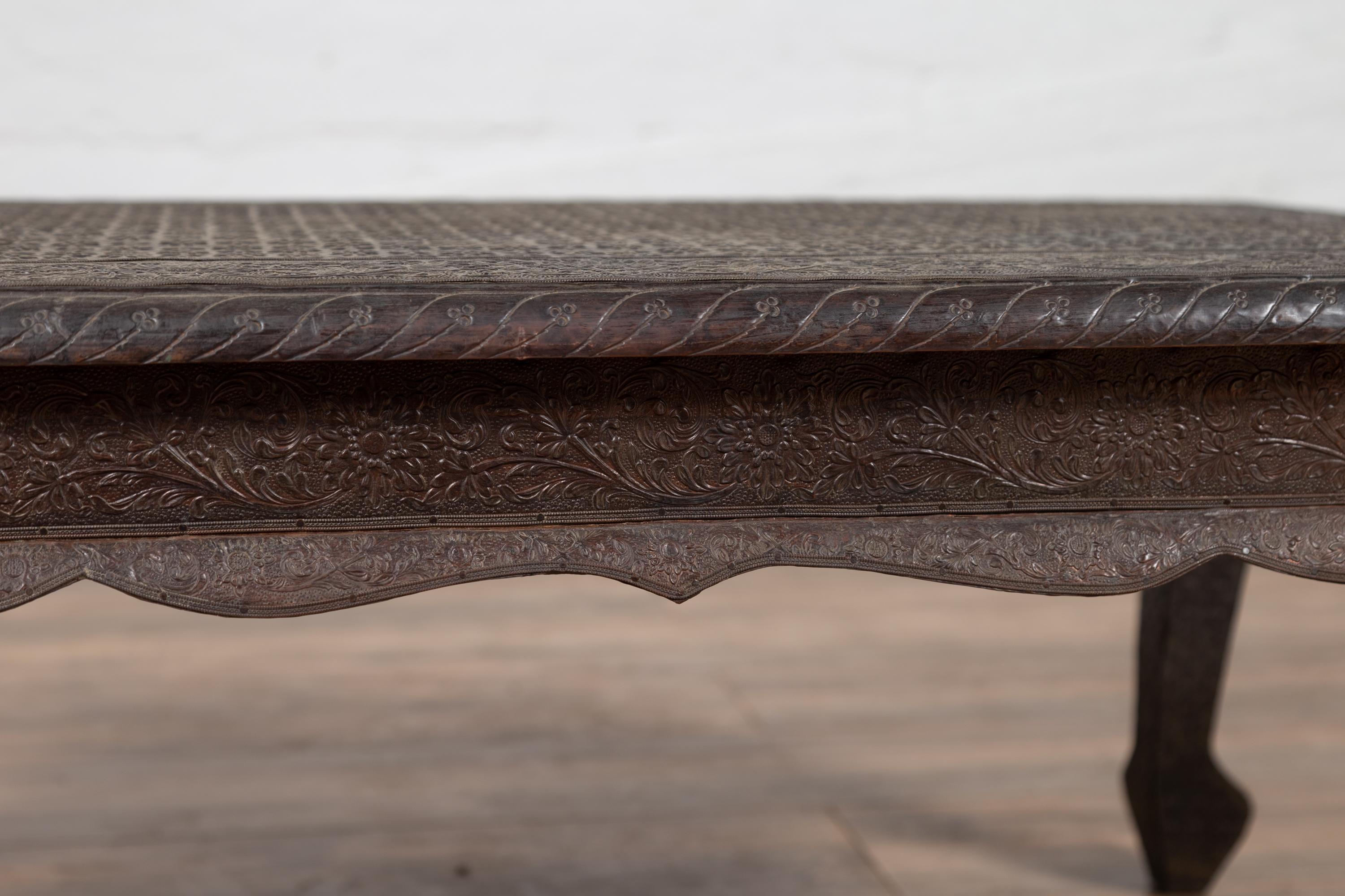 Vintage Indian Coffee Table with Brushed Metal Patina over Wood and Floral Décor For Sale 3