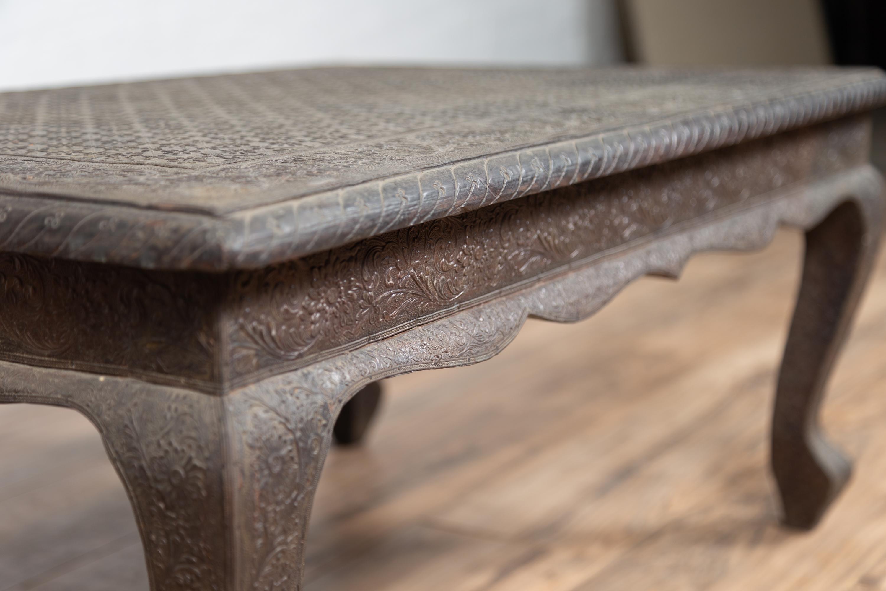 Vintage Indian Coffee Table with Brushed Metal Patina over Wood and Floral Décor For Sale 4