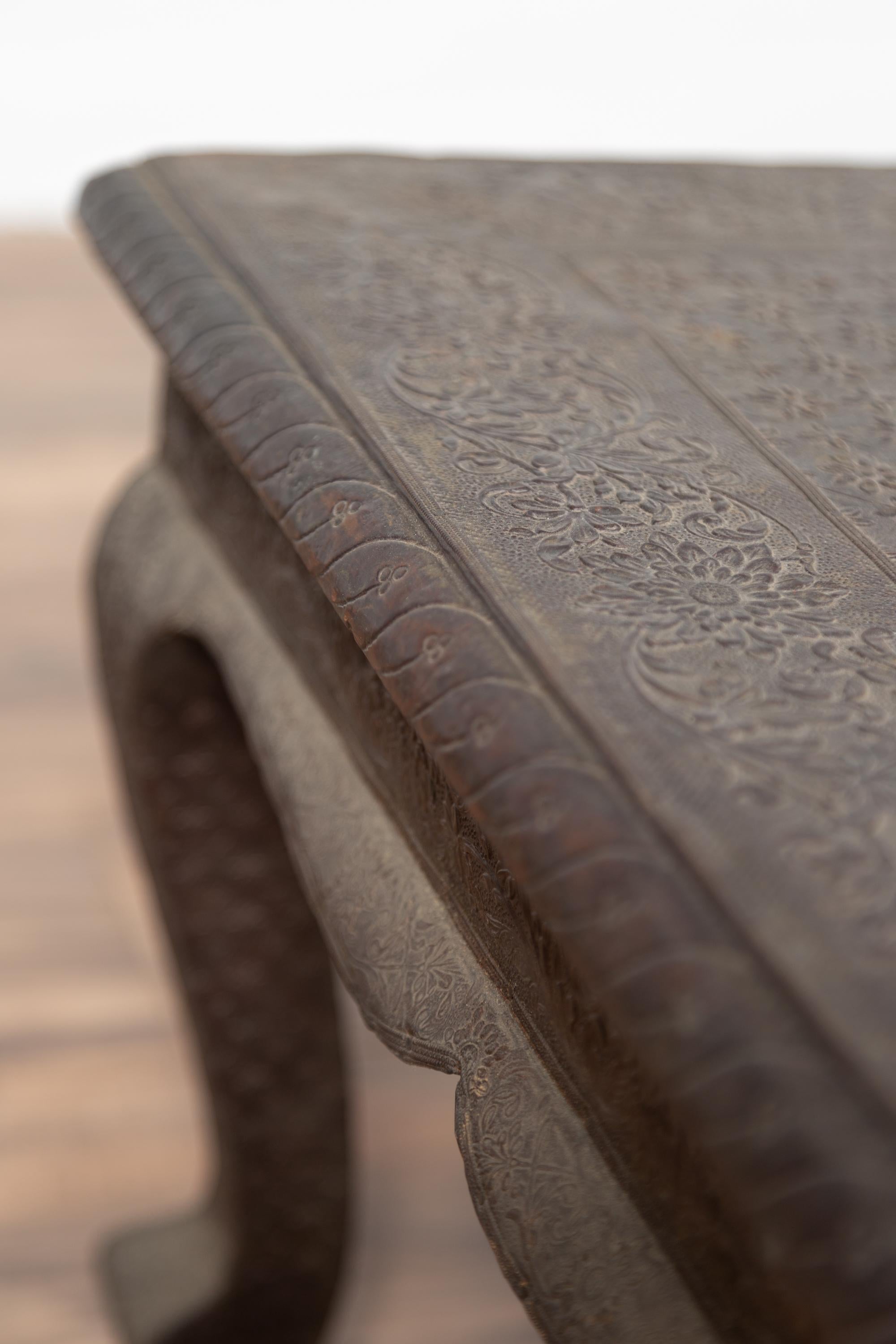 Vintage Indian Coffee Table with Brushed Metal Patina over Wood and Floral Décor For Sale 6