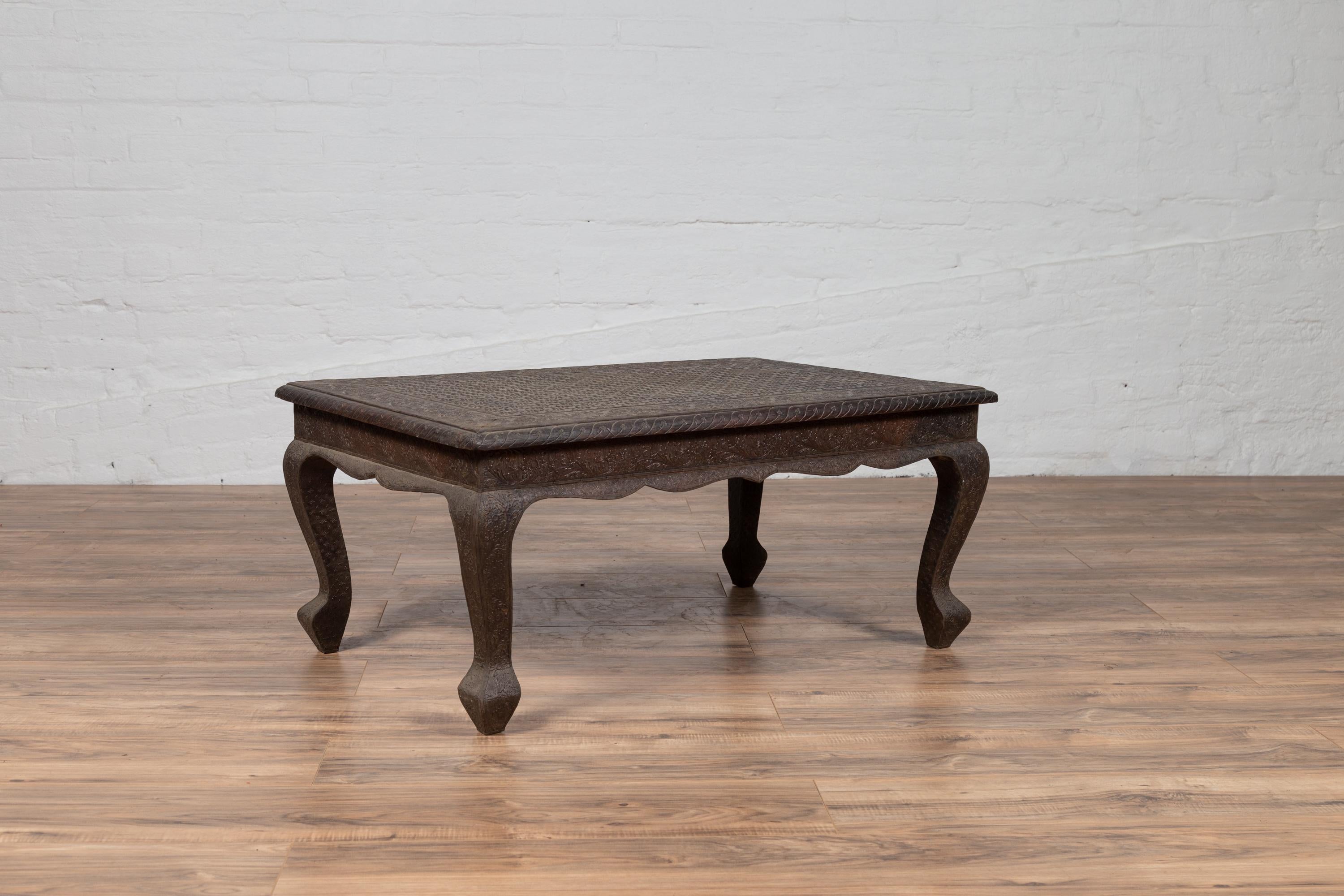 Vintage Indian Coffee Table with Brushed Metal Patina over Wood and Floral Décor For Sale 9