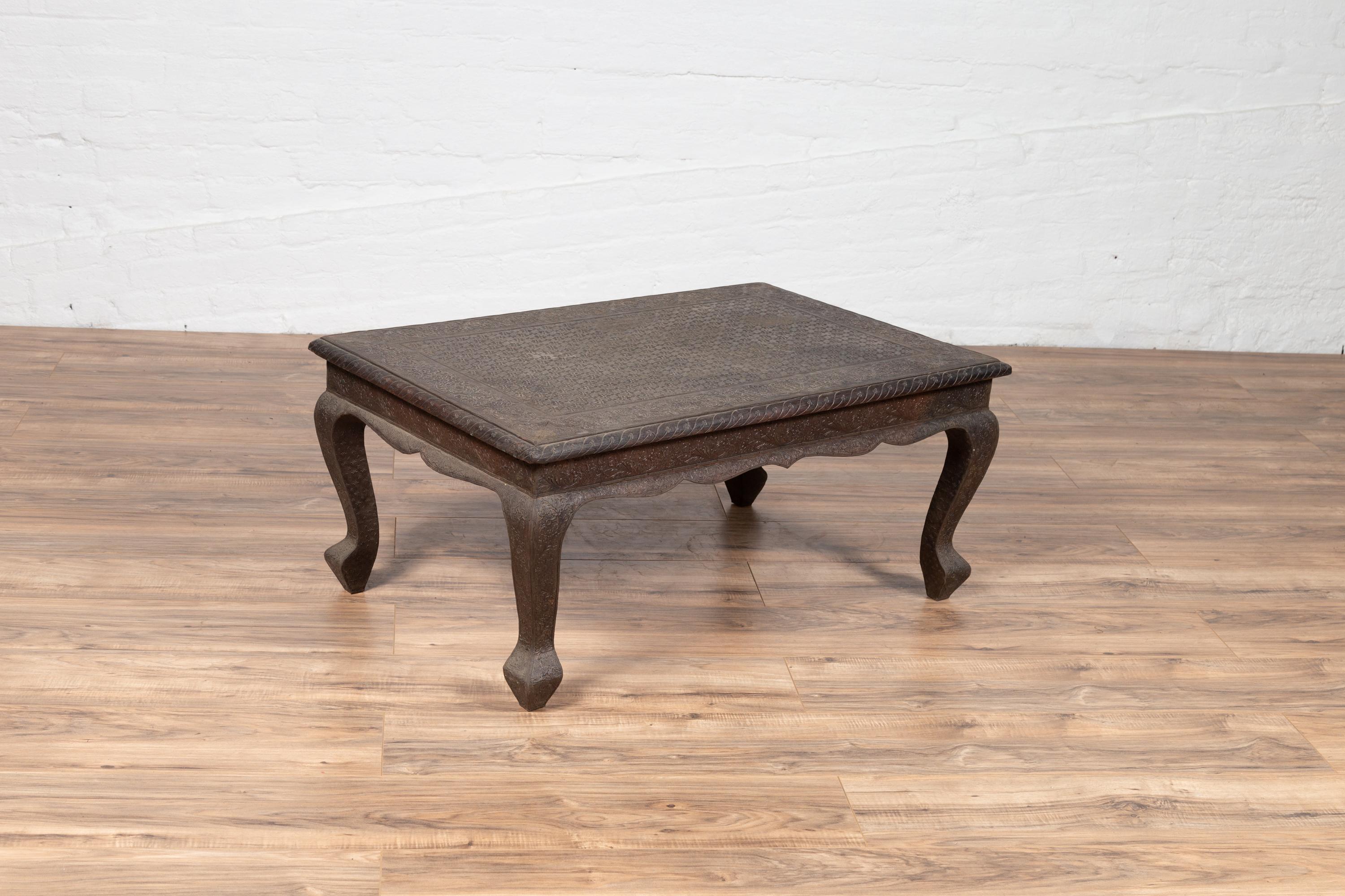Vintage Indian Coffee Table with Brushed Metal Patina over Wood and Floral Décor For Sale 10