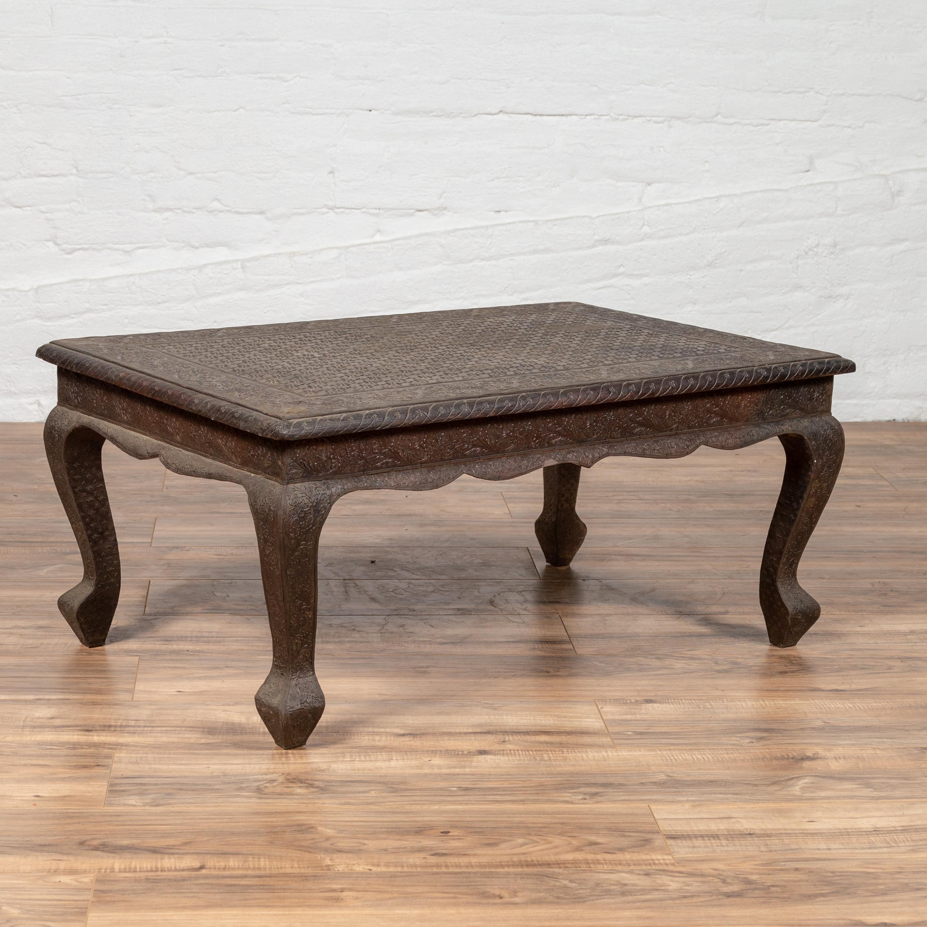 Vintage Indian Coffee Table with Brushed Metal Patina over Wood and Floral Décor For Sale 11