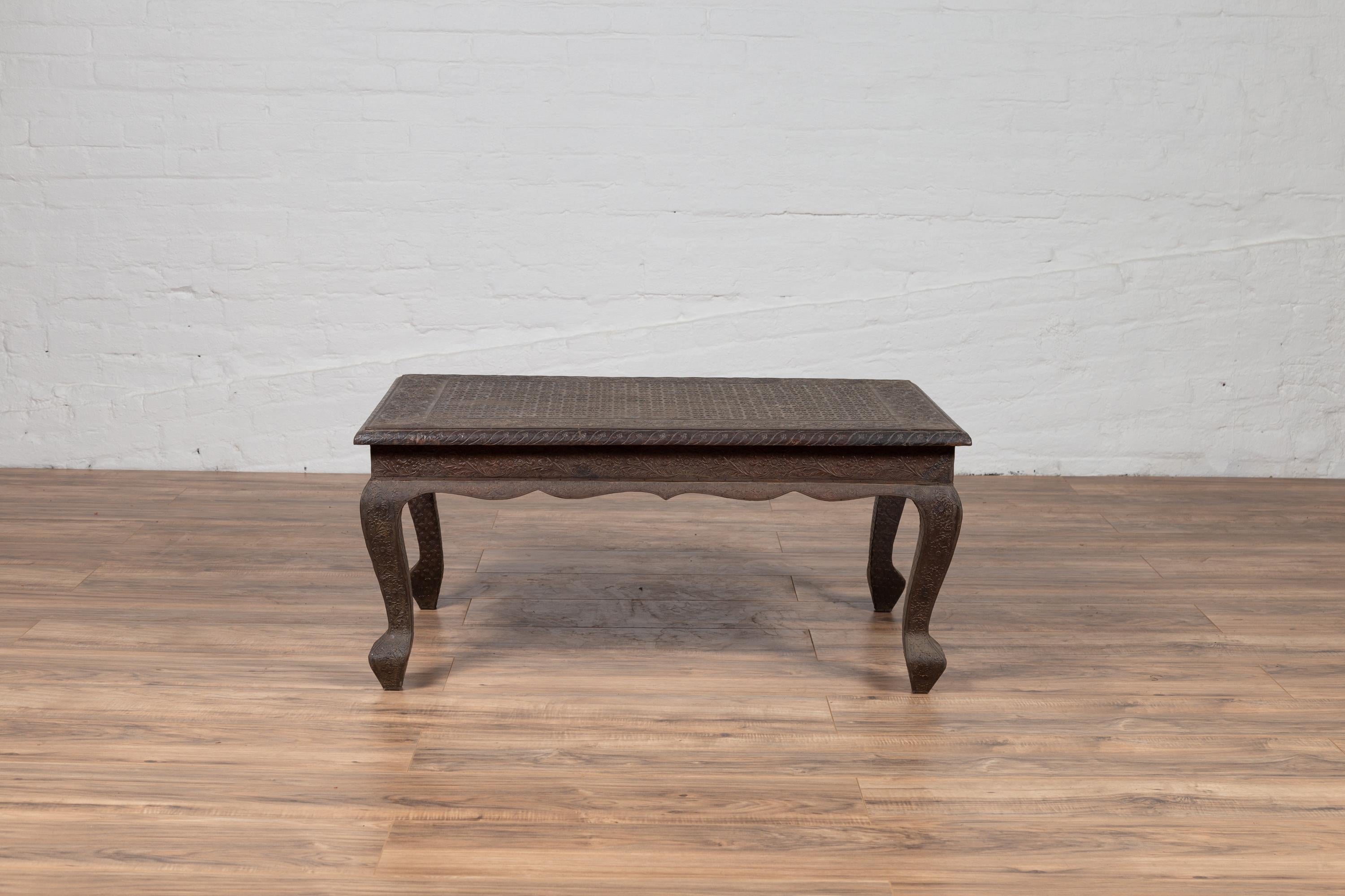 Vintage Indian Coffee Table with Brushed Metal Patina over Wood and Floral Décor For Sale 12