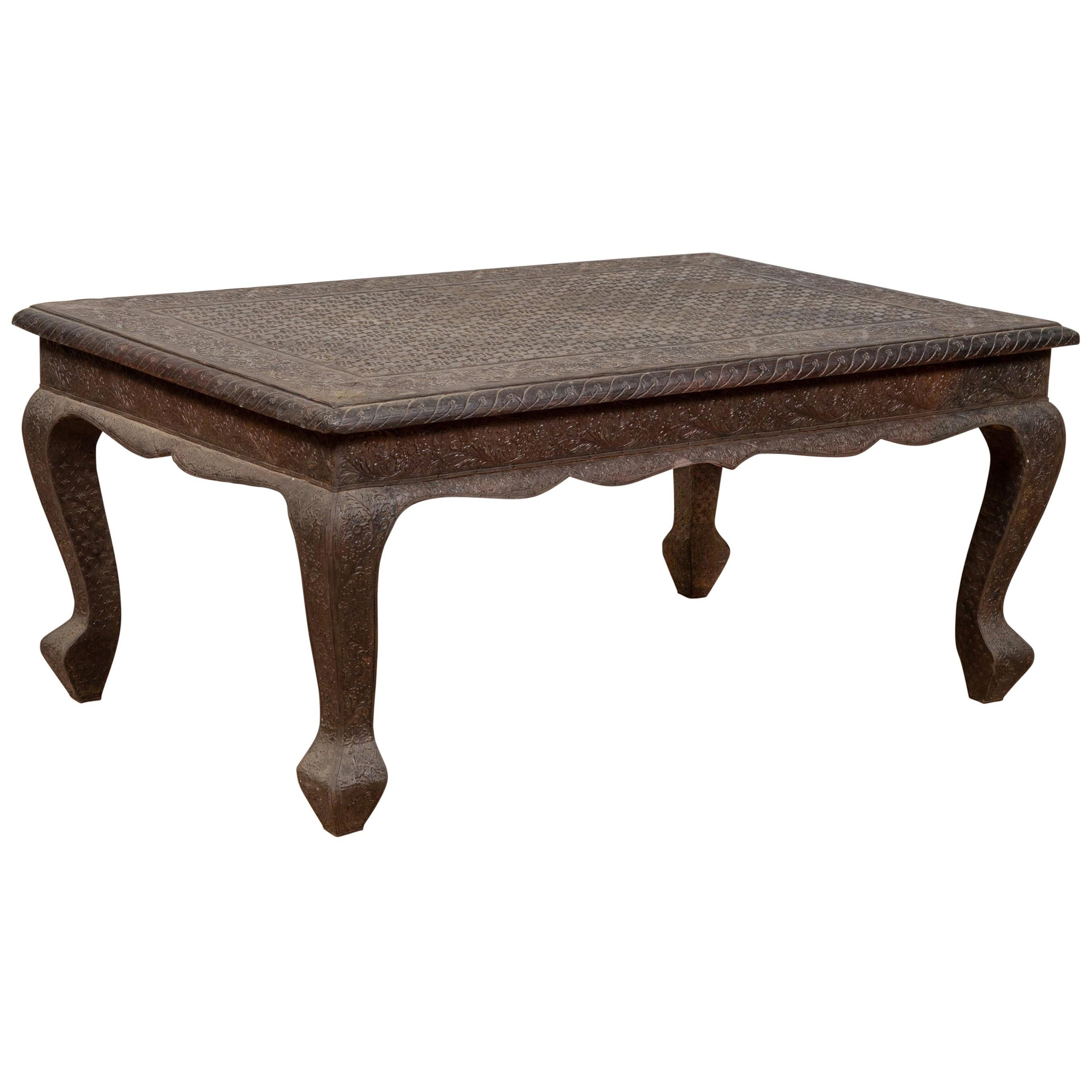 Vintage Indian Coffee Table with Brushed Metal Patina over Wood and Floral Décor For Sale