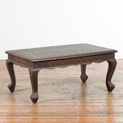 Vintage Indian Coffee Table with Embossed Floral Design and Cabriole Legs