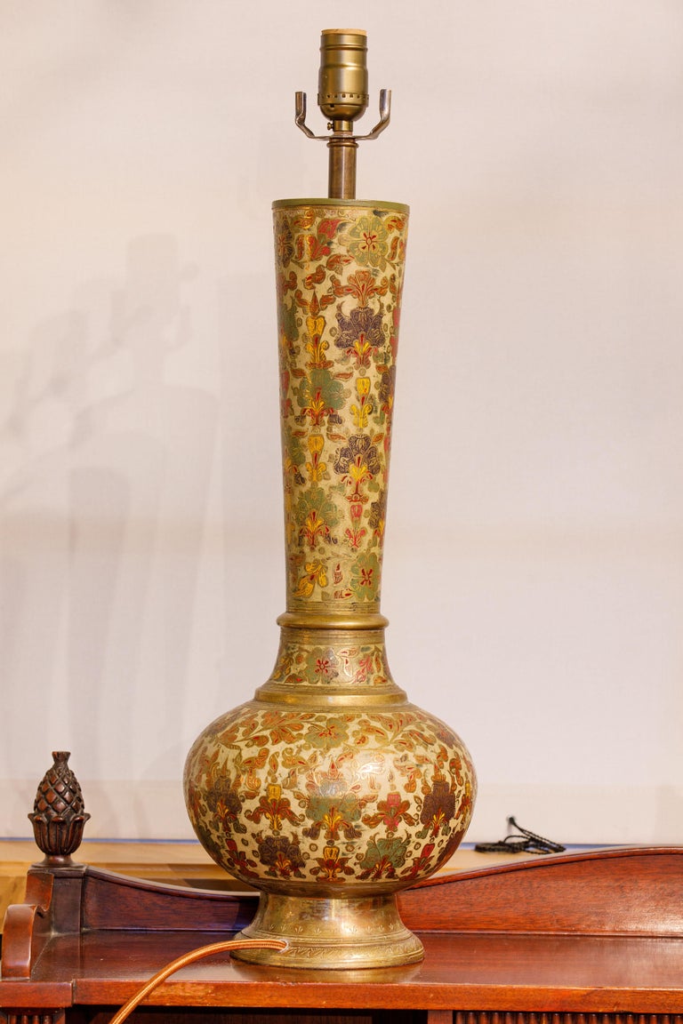 Vintage Indian Colorful Enameled Brass Table Lamp