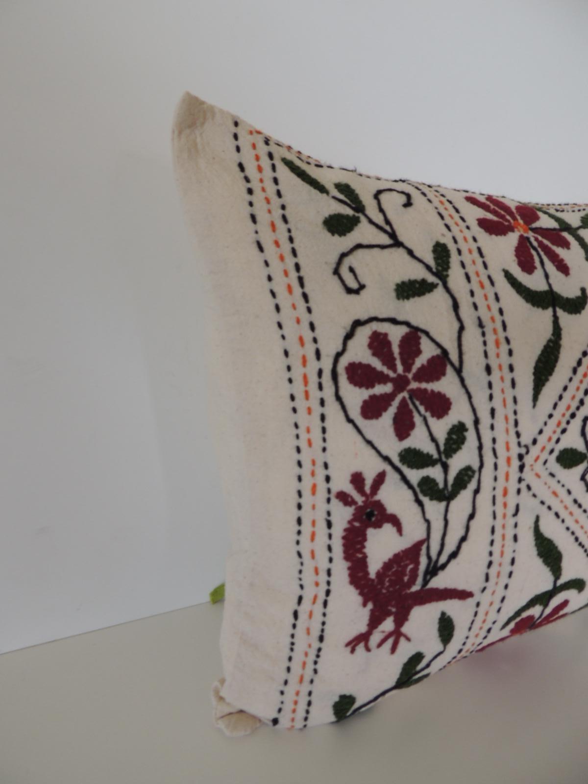 Vintage Indian colorful floral embroidered decorative bolster pillow.
Green and red hand embroidered pillow. Same linen backing. Depicting peacocks.
Decorative pillow handcrafted and designed in the USA. Closure by stitch (no zipper closure)
with