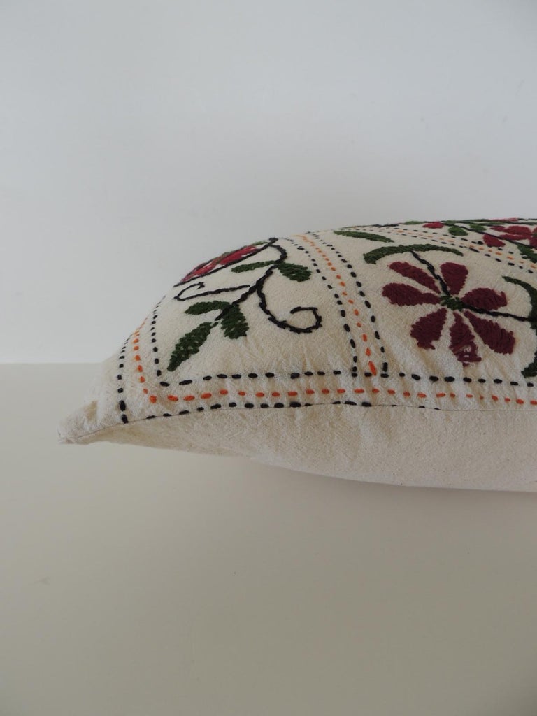 Hand-Crafted Vintage Indian Colorful Floral Embroidered Decorative Bolster Pillow For Sale