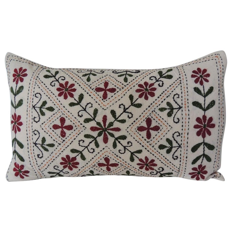 Vintage Indian Colorful Floral Embroidered Decorative Bolster Pillow For Sale