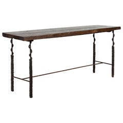 Vintage Indian Console Table with Wooden Top, Coiled Iron Base and Stretcher