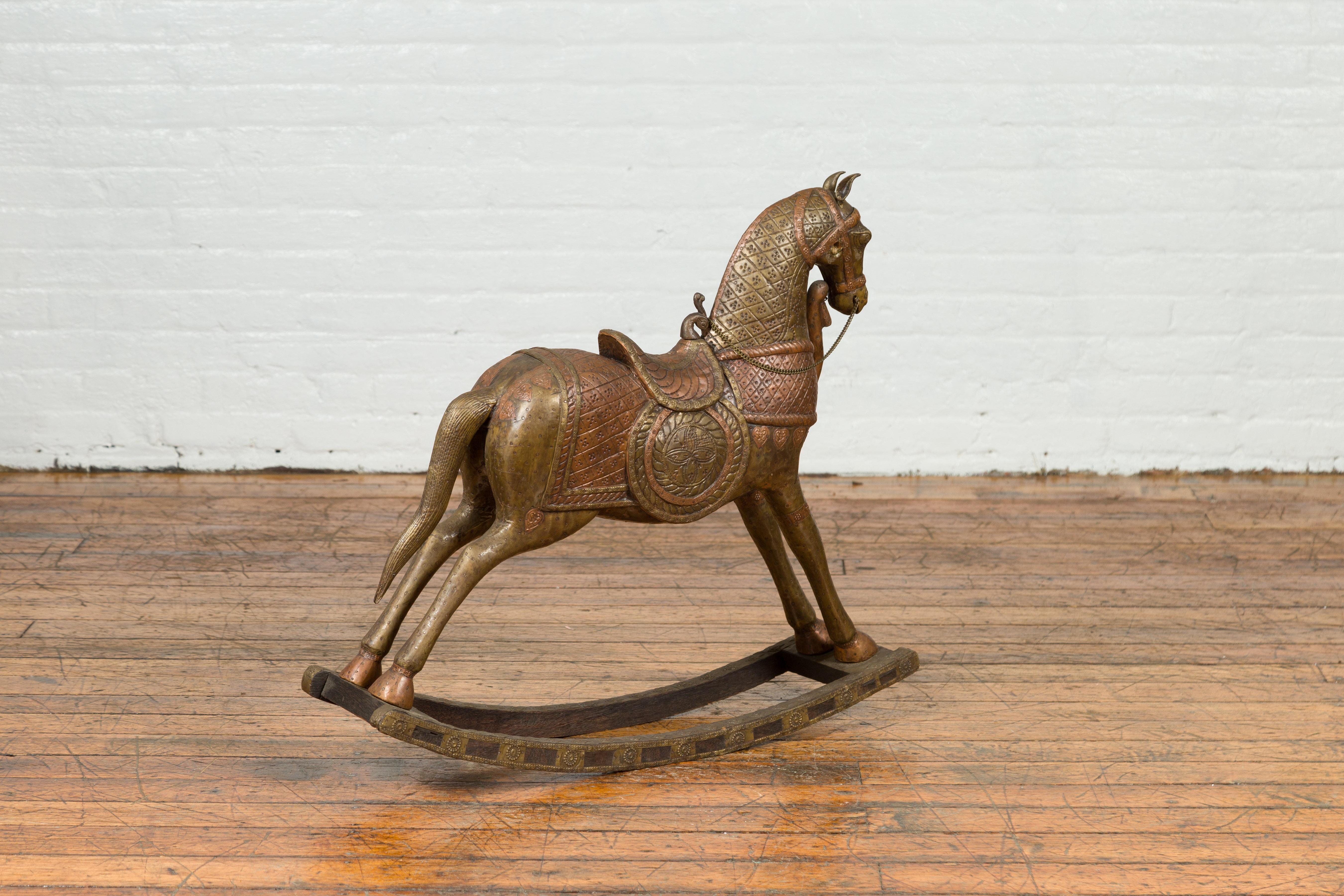 Vintage Indian Copper Over Wood Rocking Horse from Madras with Intricate Motifs 3