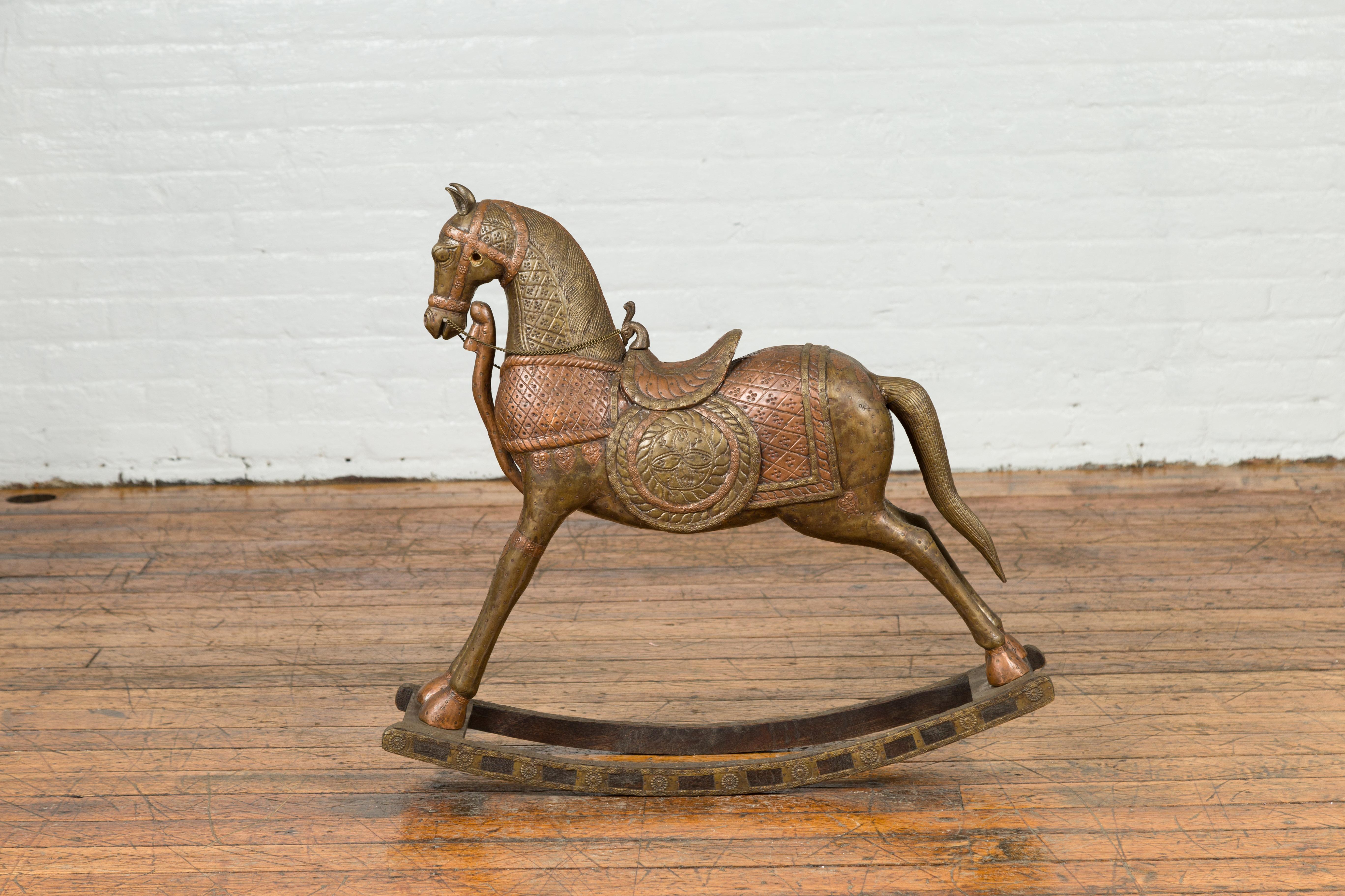 Vintage Indian Copper Over Wood Rocking Horse from Madras with Intricate Motifs 5