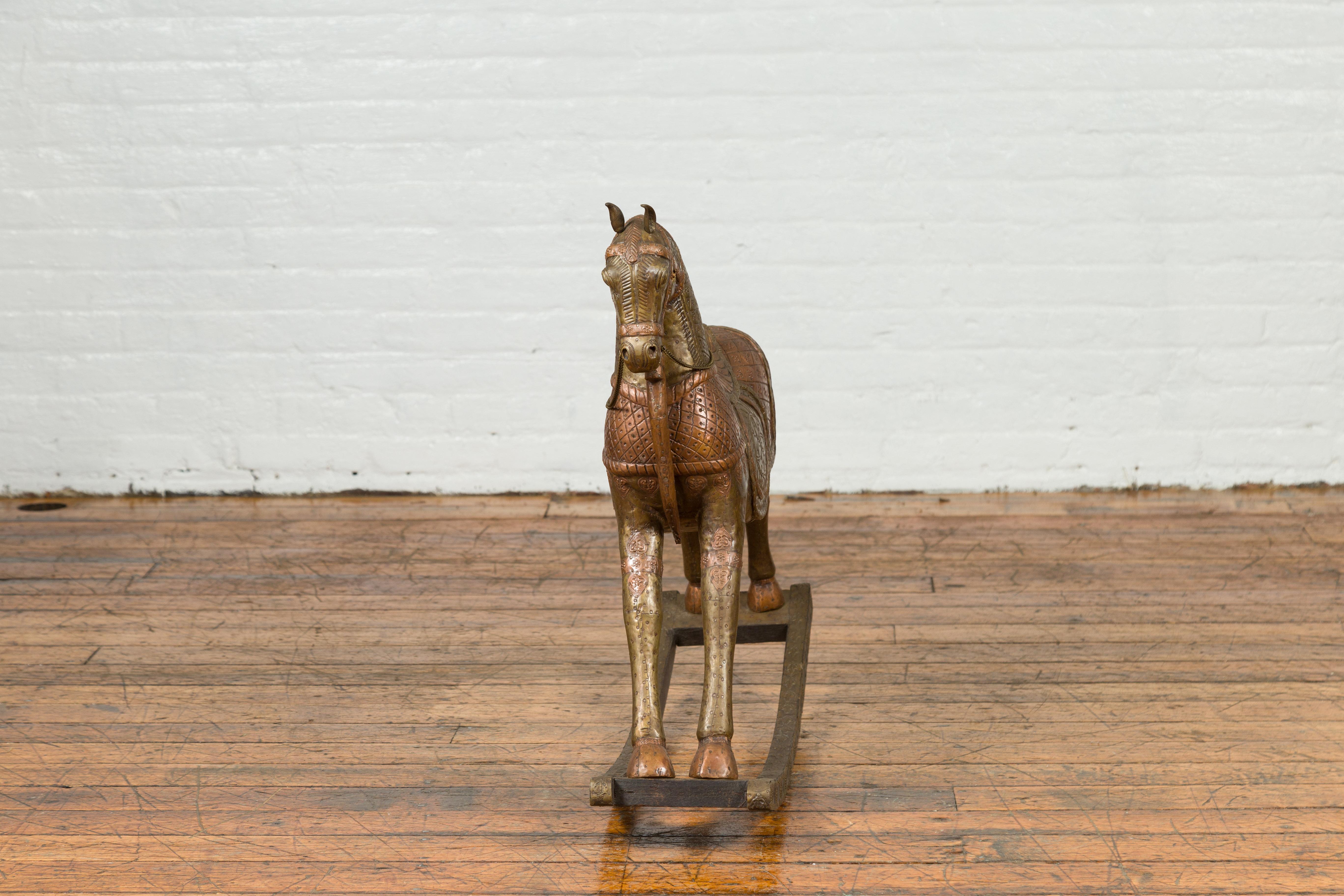 20th Century Vintage Indian Copper Over Wood Rocking Horse from Madras with Intricate Motifs