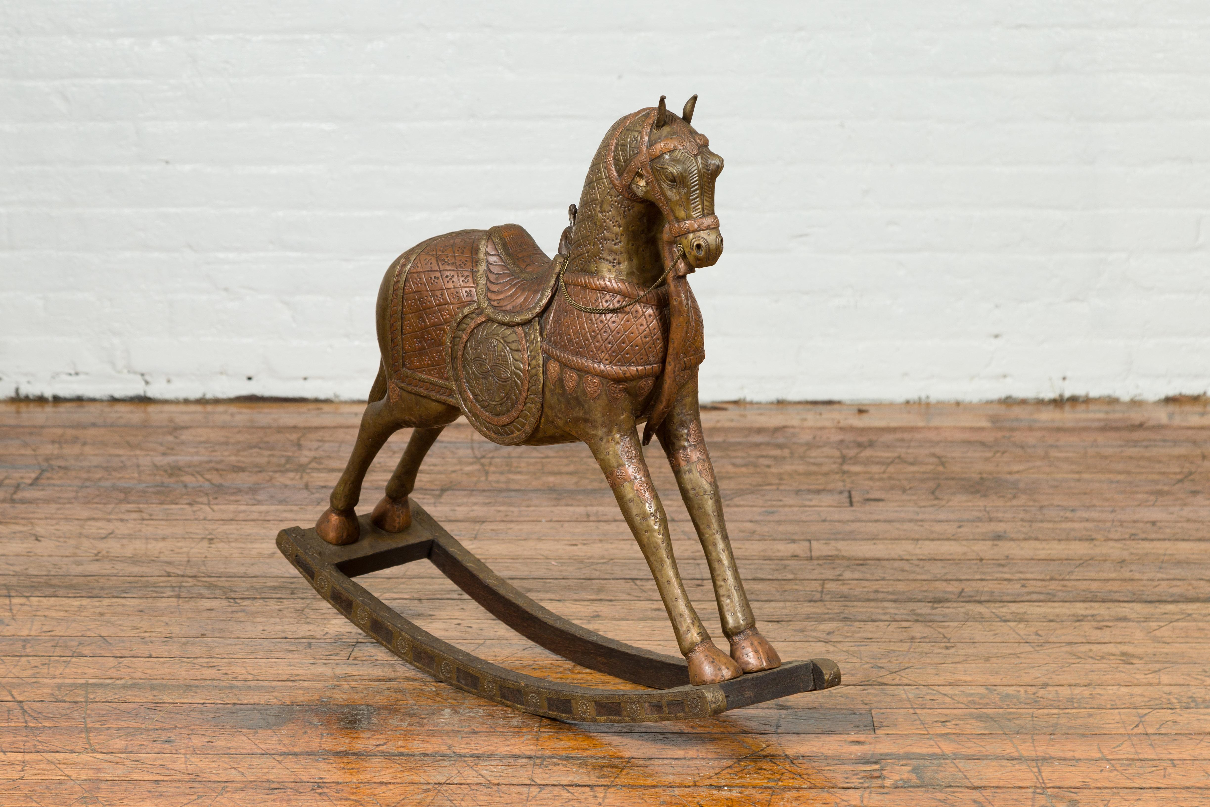 Vintage Indian Copper Over Wood Rocking Horse from Madras with Intricate Motifs 1