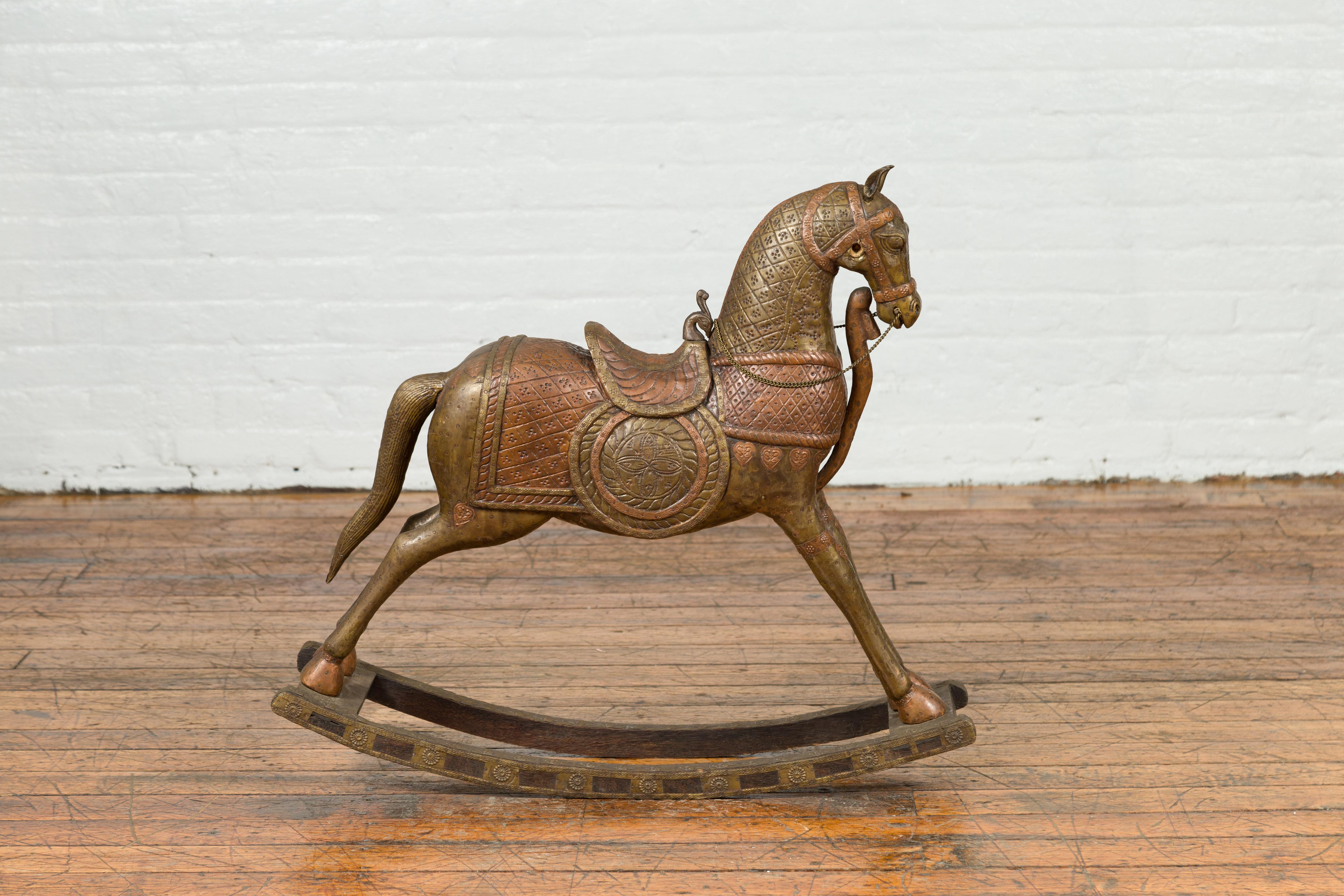 Vintage Indian Copper Over Wood Rocking Horse from Madras with Intricate Motifs 2