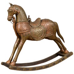 Vintage Indian Copper Over Wood Rocking Horse from Madras with Intricate Motifs