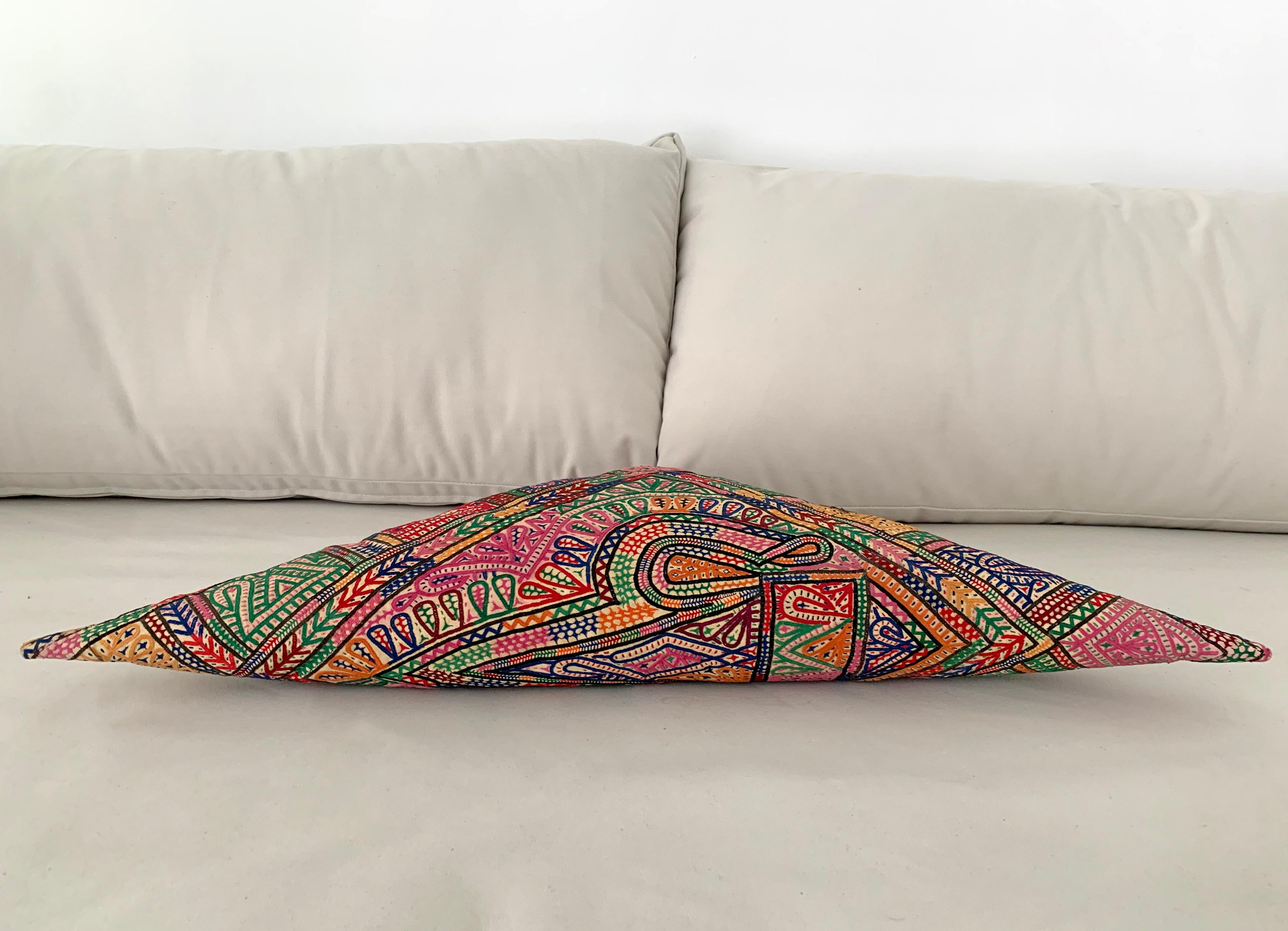 Fabric Vintage Indian Decorative Pillow with Colourful Embroidery