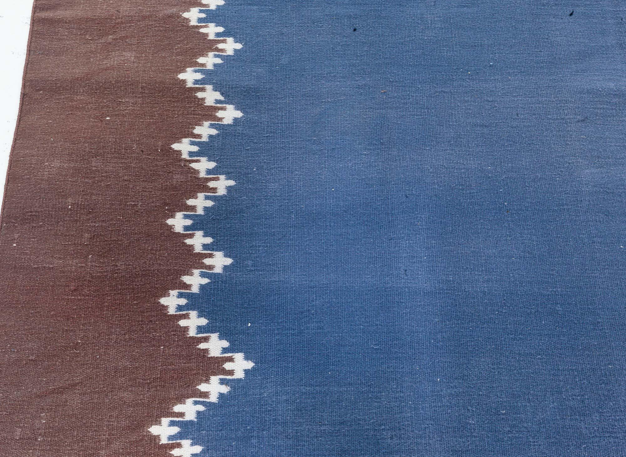 Hand-Woven Vintage Indian Dhurrie Blue Brown Runner For Sale