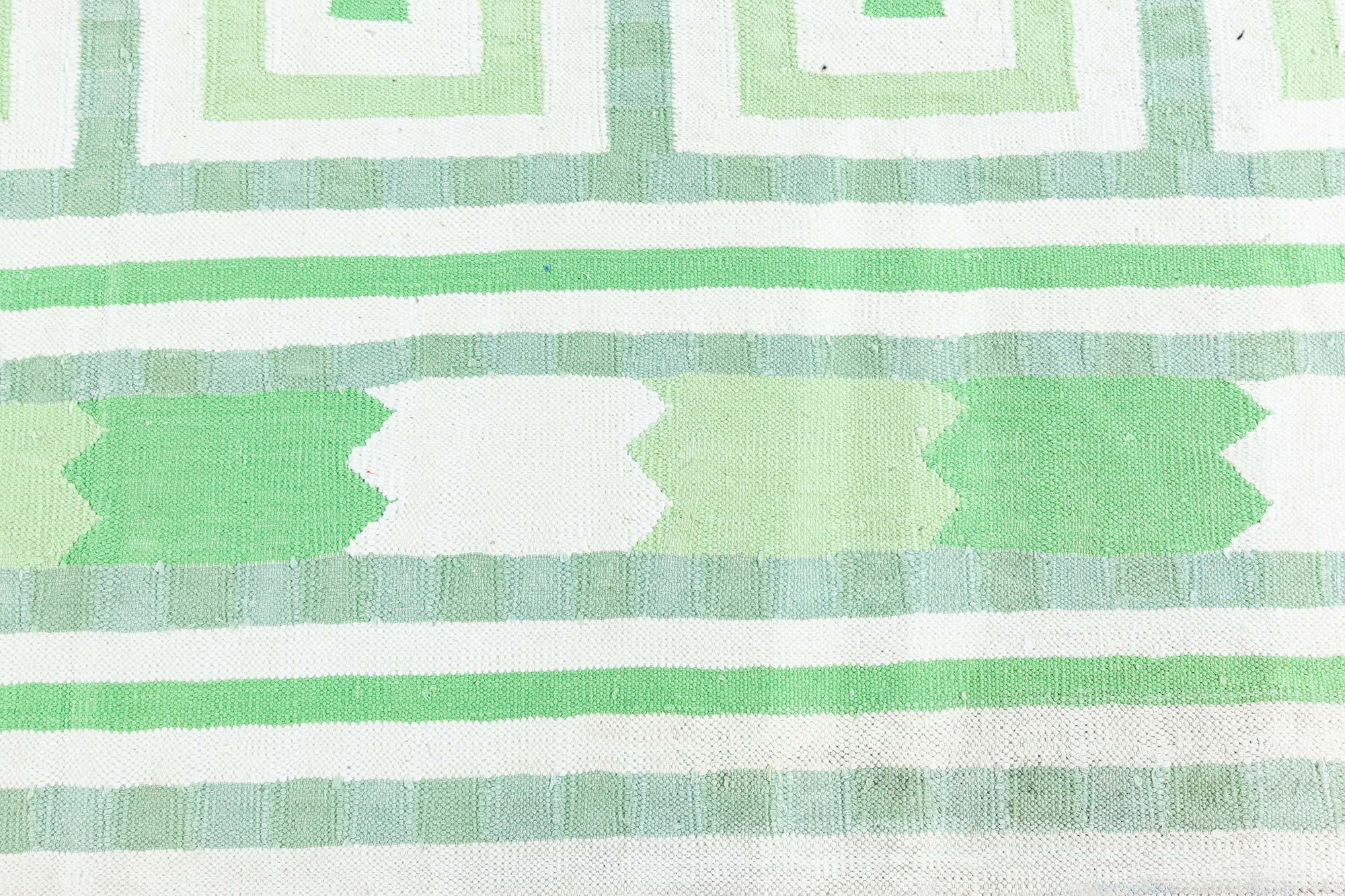Hand-Woven Vintage Indian Dhurrie Green Beige Rug For Sale