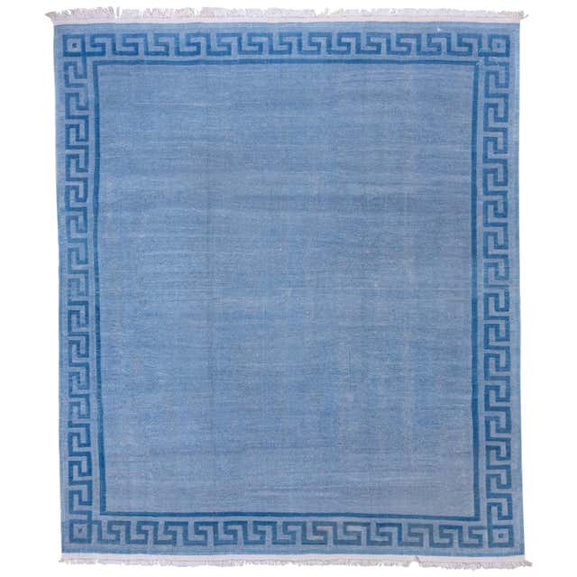 Vintage Indian Dhurrie Rug, Open Baby Blue Field, Greek Key Border ...