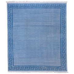 Vintage Indian Dhurrie Rug, Open Baby Blue Field, Greek Key Border, Circa 1960s