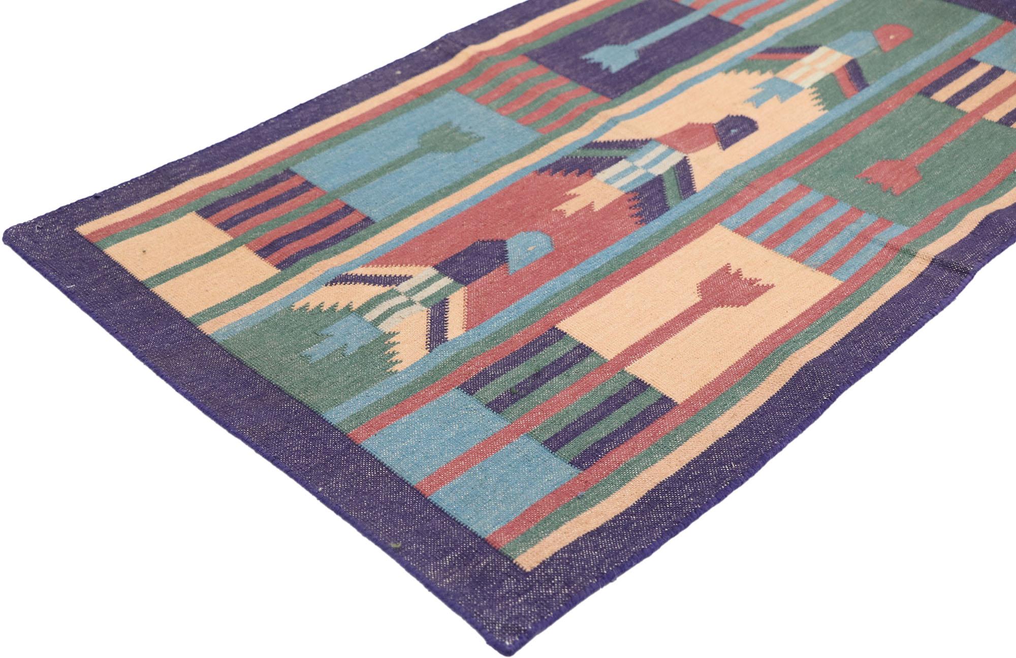 77913 Vintage Indischer Dhurrie Teppich mit postmodernem kubistischem Stil 01'10 x 03'01. Dieser handgewebte indische Dhurrie-Teppich aus Baumwolle im Vintage-Stil besticht durch winzige Details und ein kühnes, ausdrucksstarkes Design in Kombination
