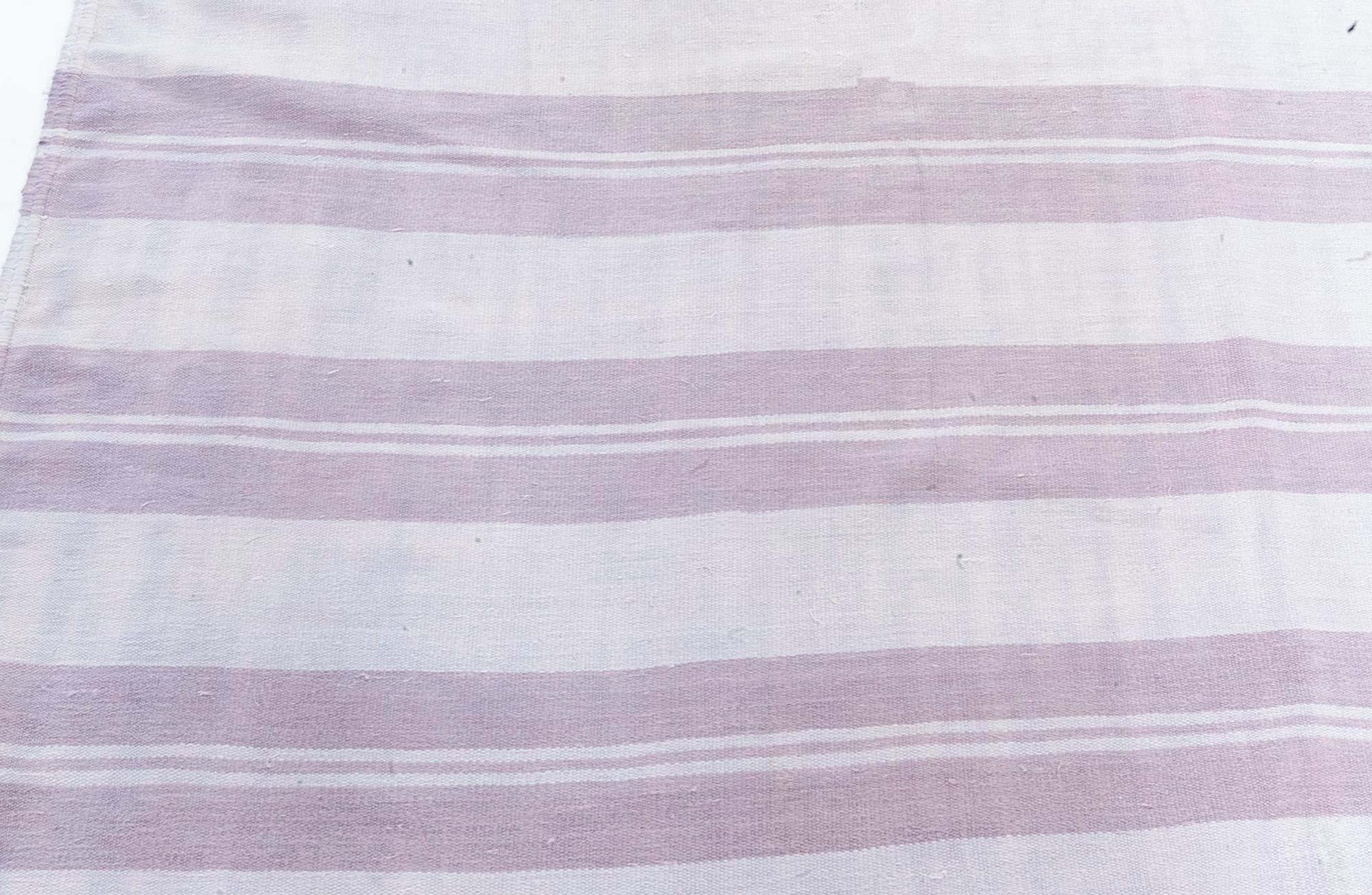 Hand-Woven Vintage Indian Dhurrie Striped Beige Purple Rug For Sale