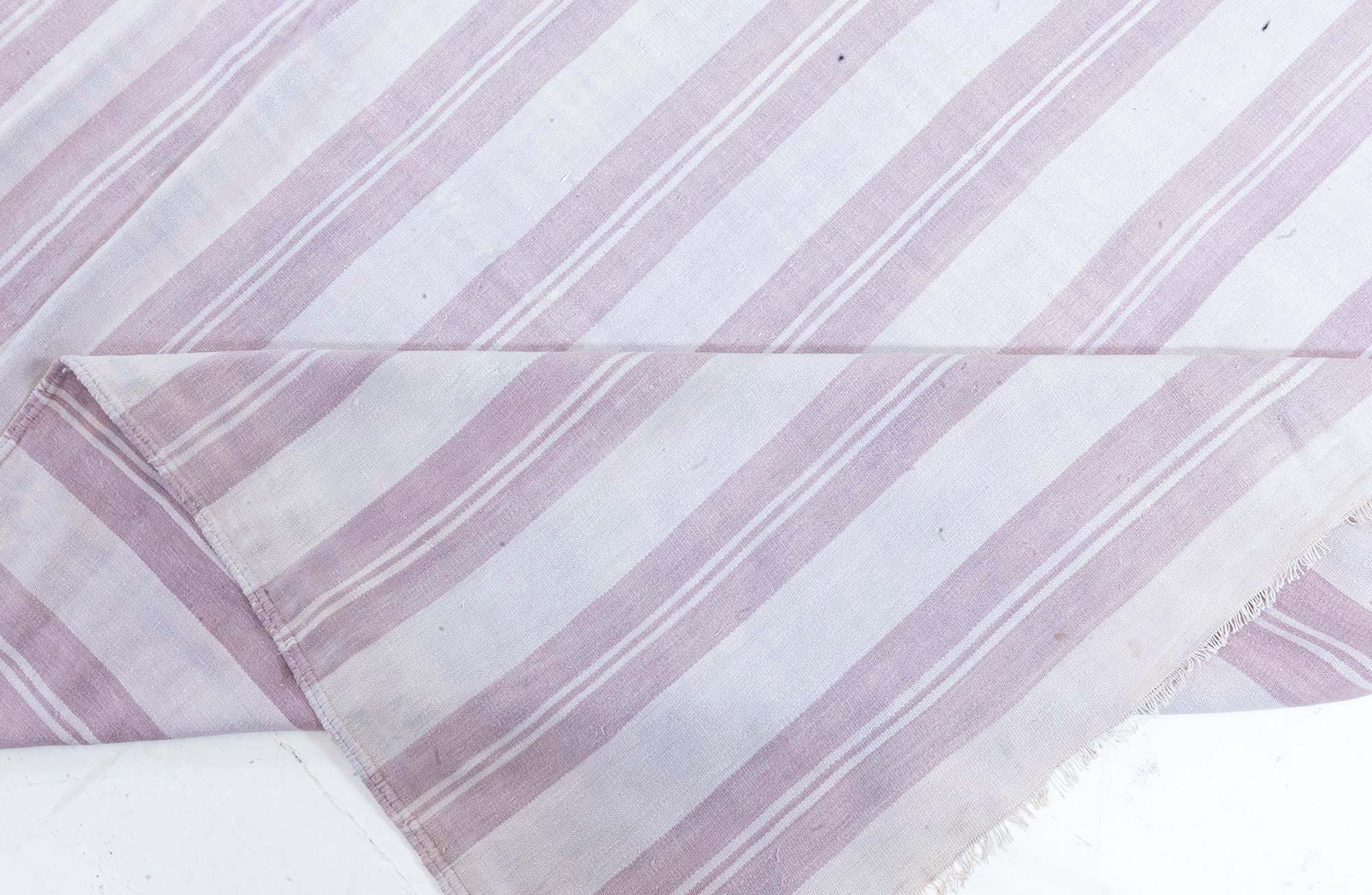 Cotton Vintage Indian Dhurrie Striped Beige Purple Rug For Sale