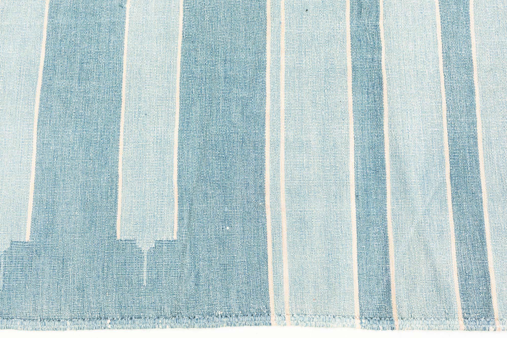Vintage Indian Dhurrie striped blue beige ivory rug.
Size: 5'3