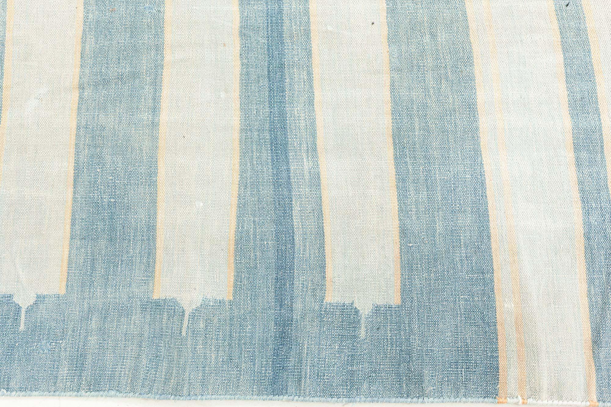 Vintage Indian Dhurrie striped blue beige ivory rug by Doris Leslie Blau
Size: 6'4