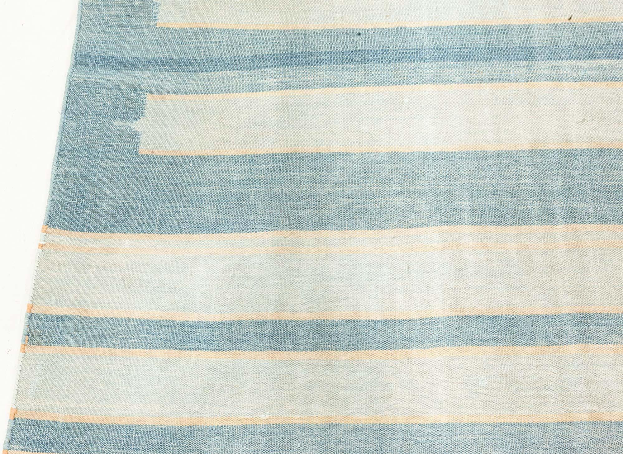 Hand-Woven Vintage Indian Dhurrie Striped Blue Beige Ivory Rug For Sale