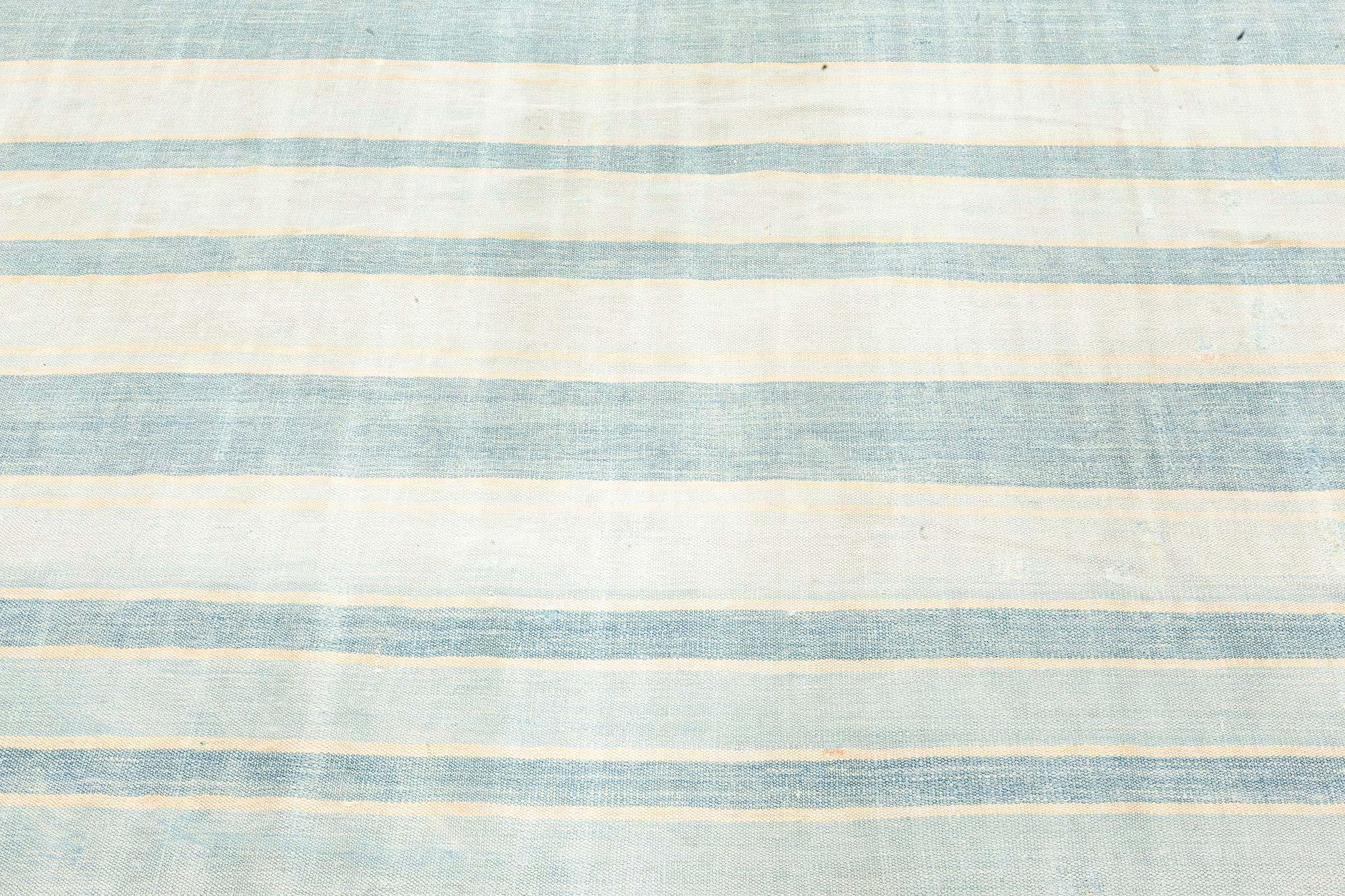 Vintage Indian Dhurrie Striped Blue Beige Ivory Rug In Good Condition For Sale In New York, NY