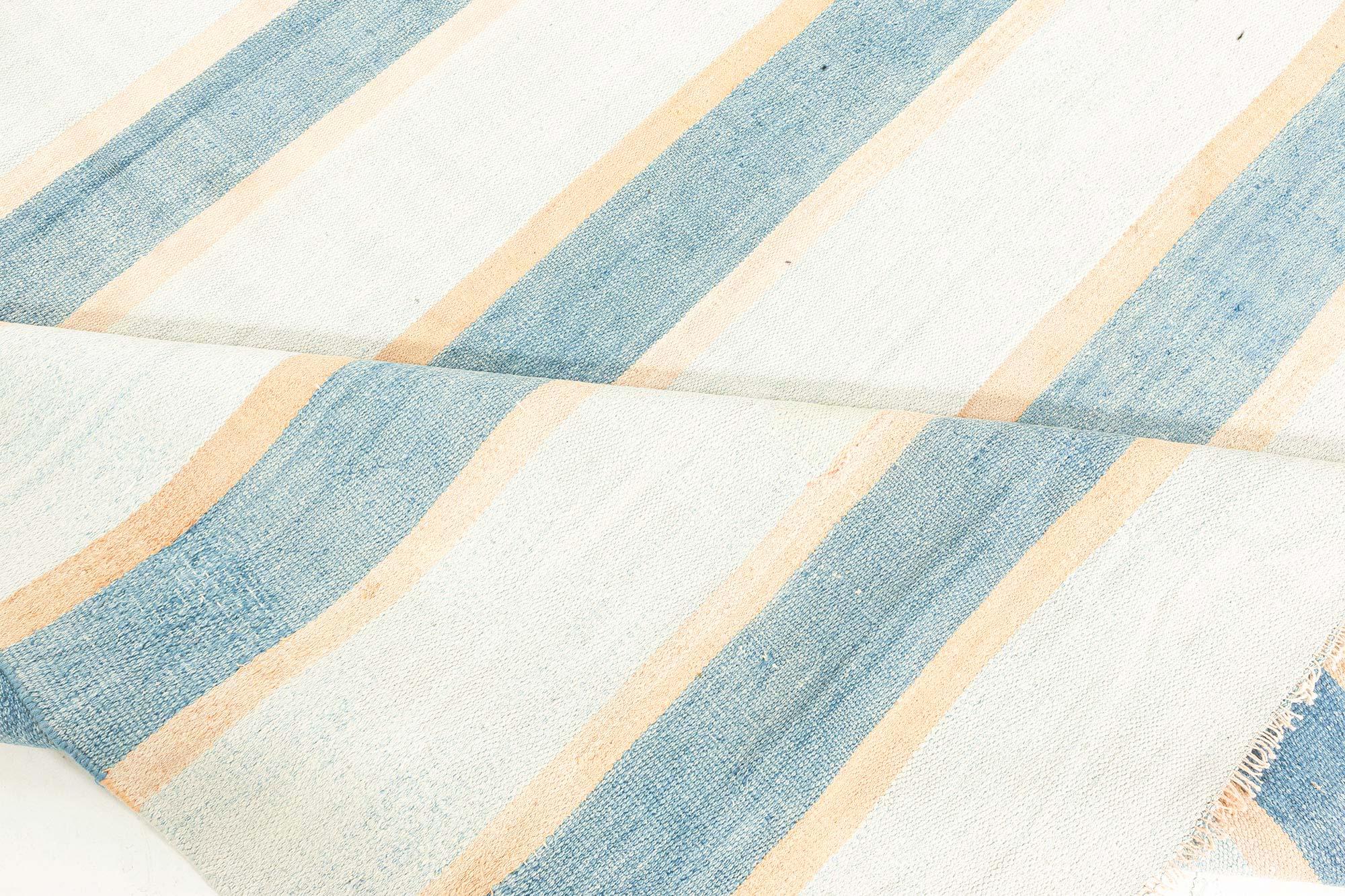 20th Century Vintage Indian Dhurrie Striped Blue Beige Ivory Rug For Sale