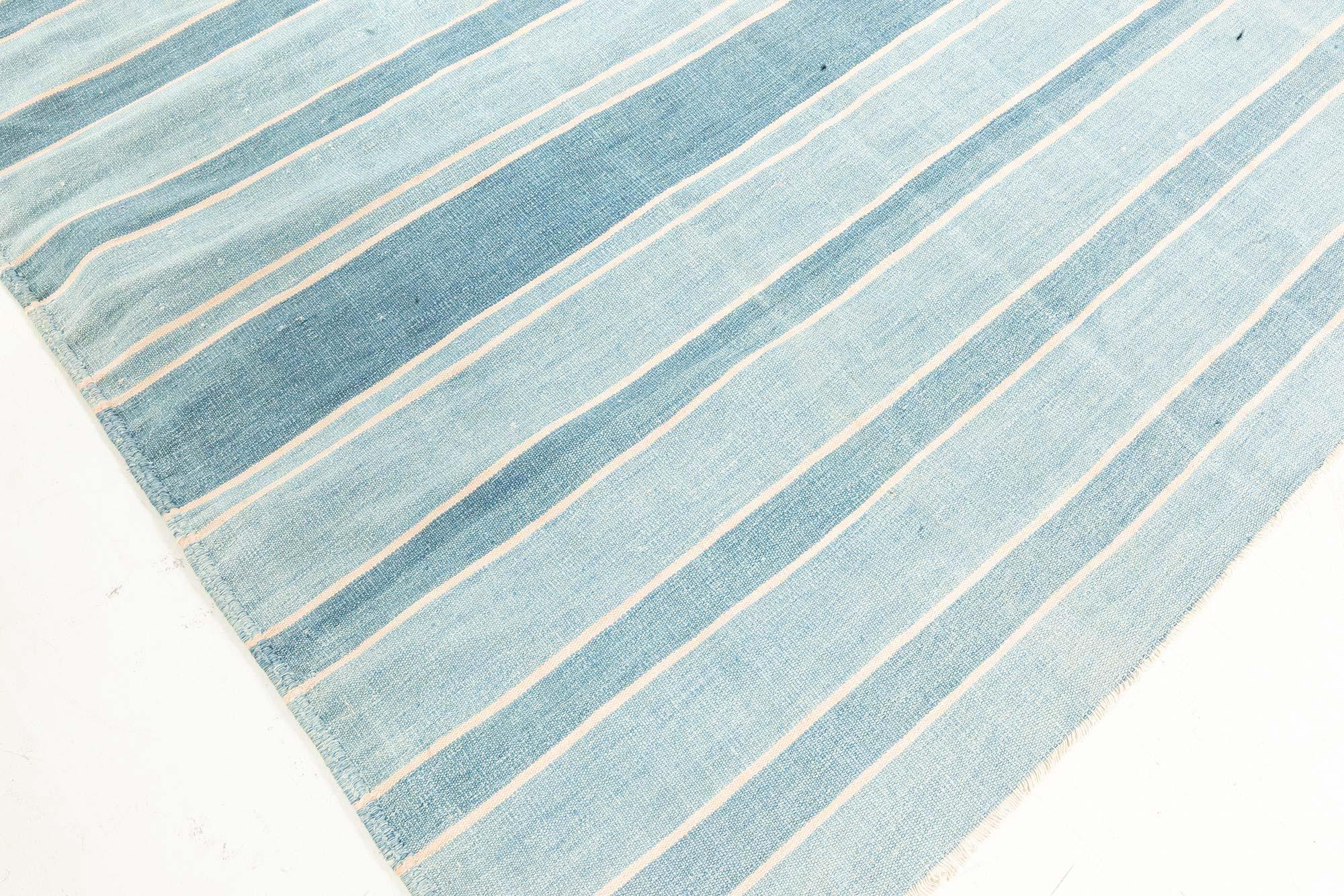 20th Century Vintage Indian Dhurrie Striped Blue Beige Ivory Rug For Sale