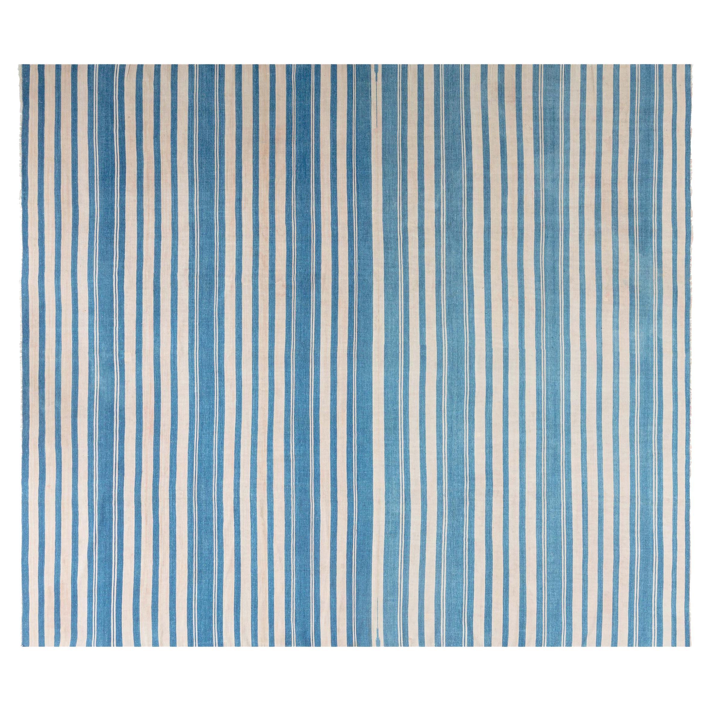 Doris Leslie Blau Collection Vintage Indian Dhurrie Striped Blue Beige Ivory Rug For Sale at 1stDibs