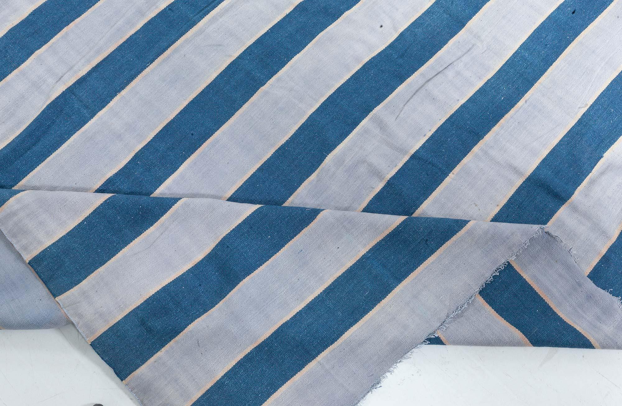 Vintage Indian Dhurrie Gestreift Blau Beige Teppich im Angebot 3
