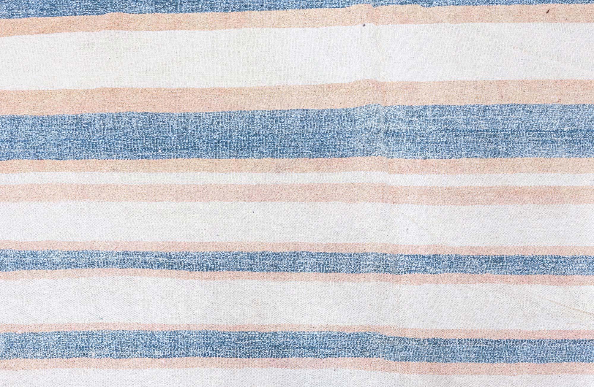 Vintage Indian Dhurrie striped blue beige rug.
Size: 14'5