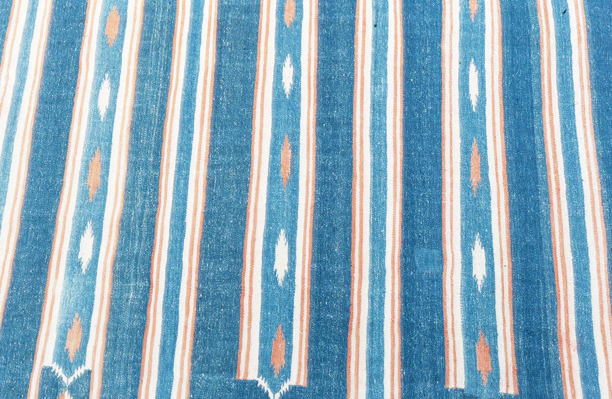 Vintage Indian Dhurrie striped blue Beige rug
Size: 13'9