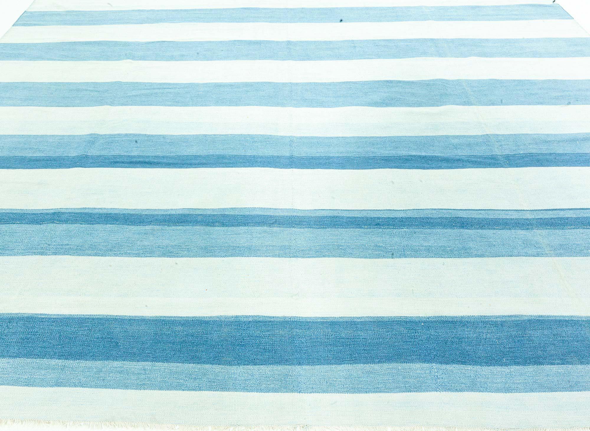 Vintage Indian Dhurrie Striped Blue Beige Rug.
Size: 7'9