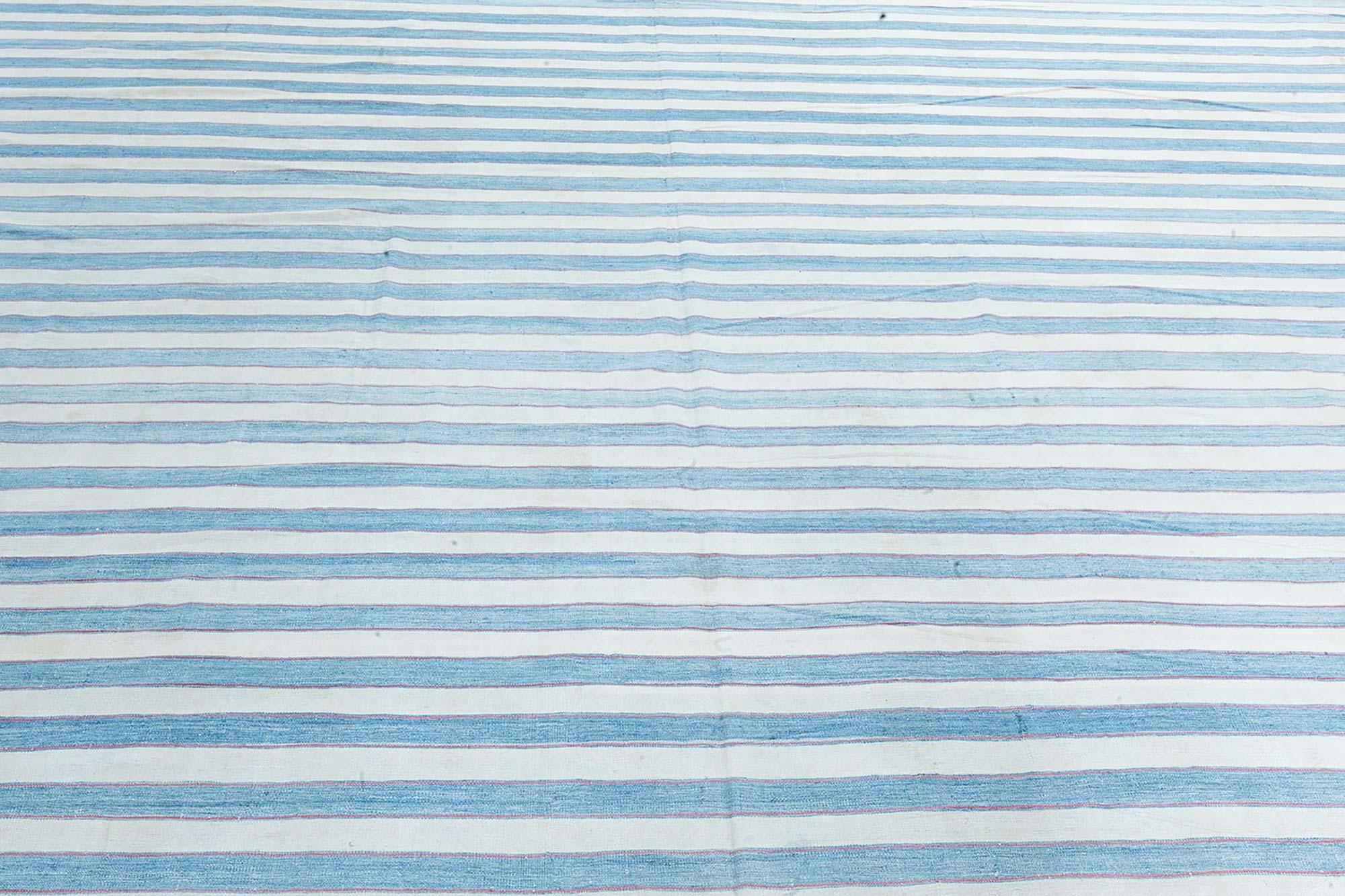 Vintage Indian Dhurrie Striped Blue Beige rug
Size: 15'10