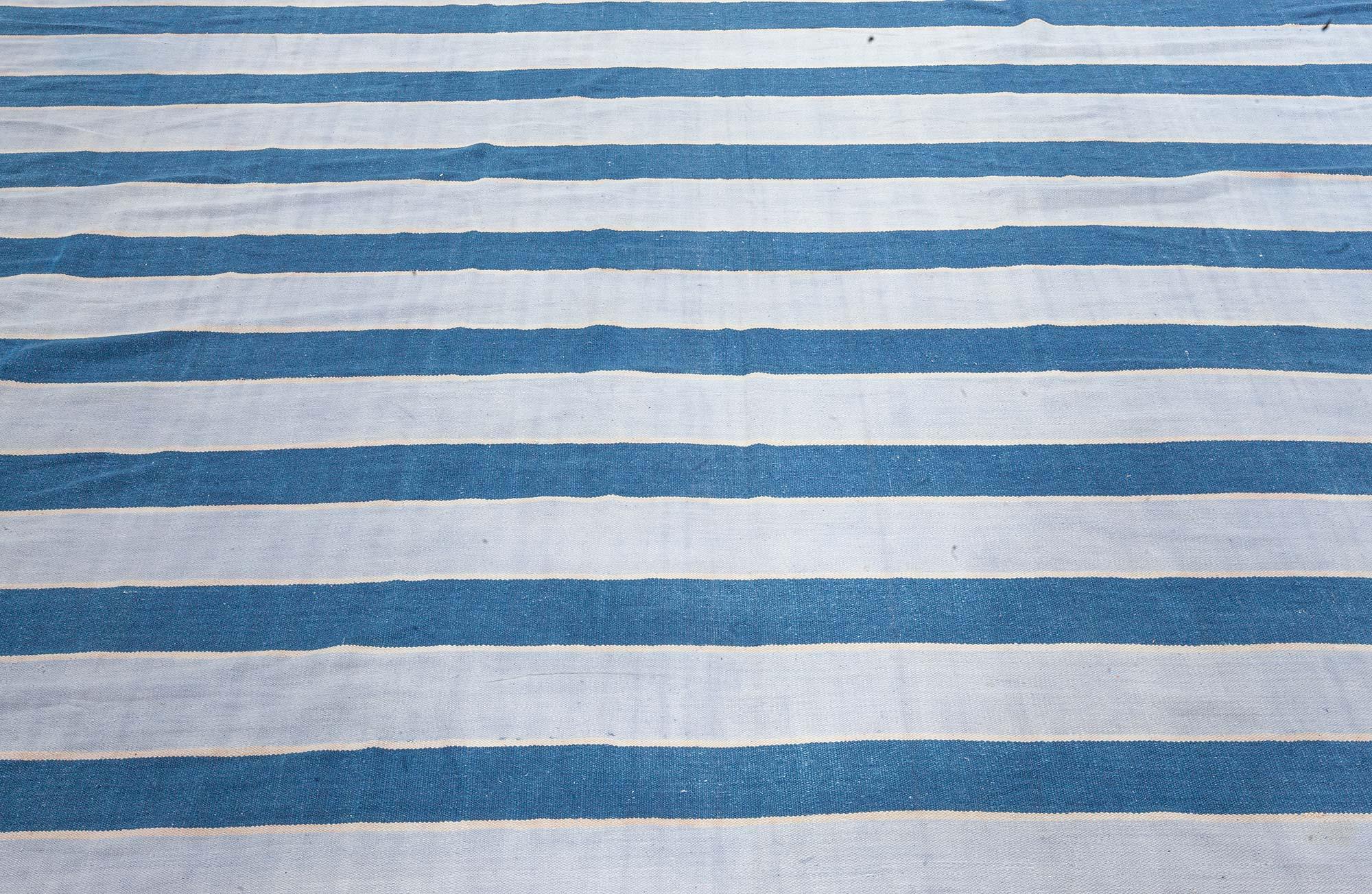 Vintage Indian Dhurrie striped blue beige rug
Size: 11'1