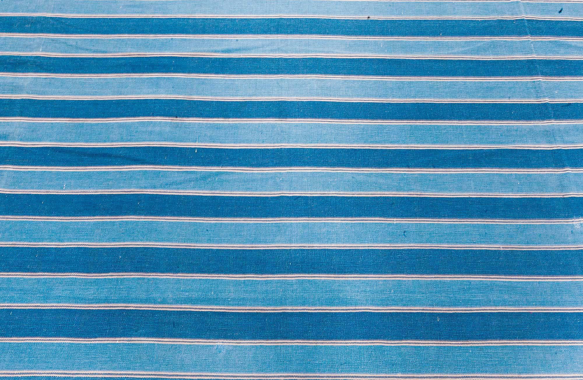 Vintage Indian Dhurrie Striped Blue Beige Rug
Size: 9'10